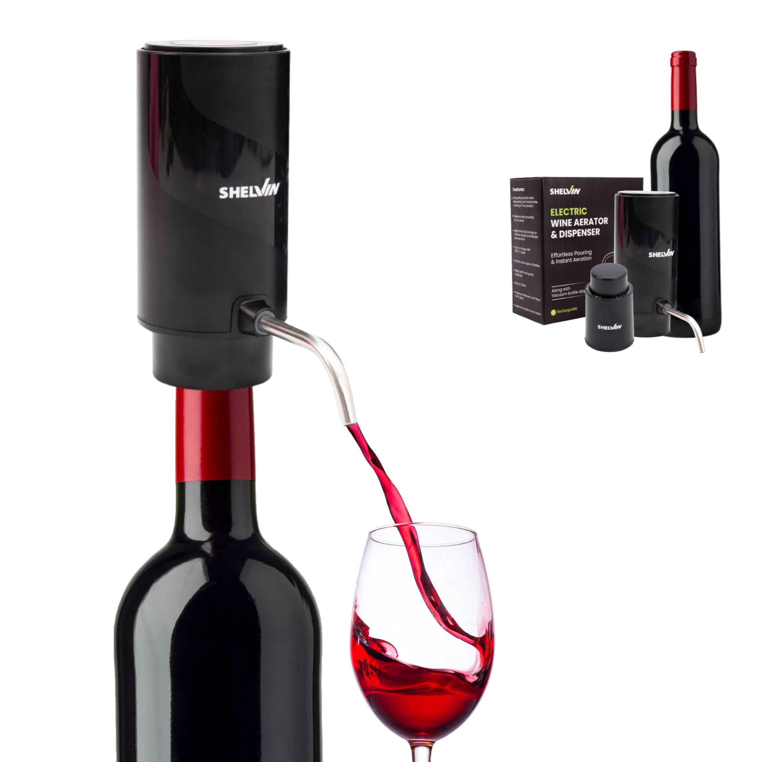 Electric Wine Aerator and Vacuum Bottle Stopper Preserver - USB Rechargeable Automatic Drink Dispenser Decanter Instantly Pours Flavor-Rich White and Red Wine Perfect for Home, Bar, Wine-lovers Gift