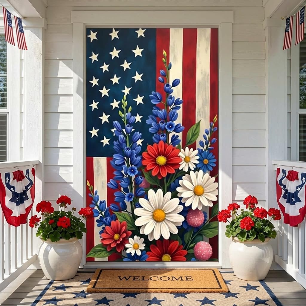 Veterans Day Door Cover Banner, Patriotic Flower American Flag Door Decor image 3