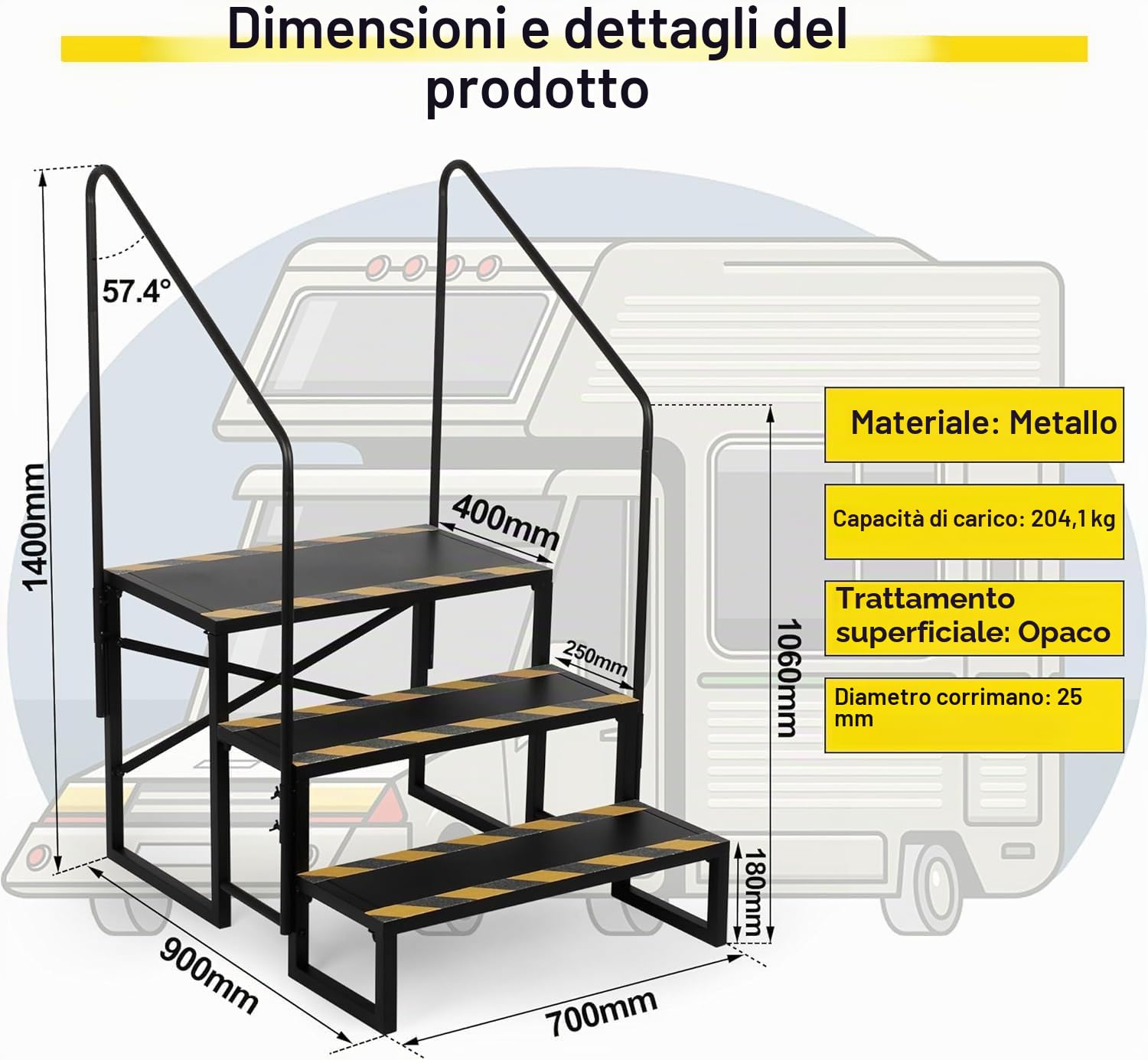 Scala per camper a 3 livelli, gradini per camper 200 kg, portata per roulotte, campeggio, con 2 corrimano, gradini antiscivolo, trailer