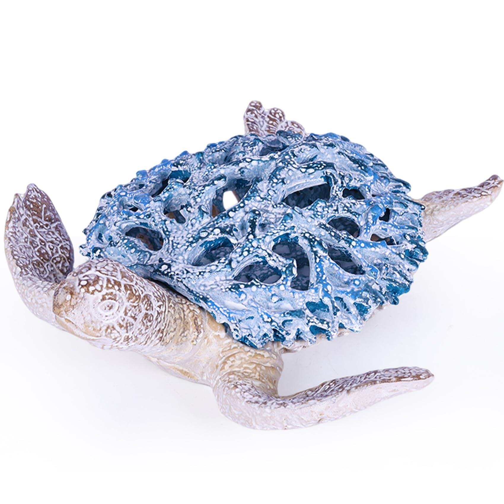 33 cm Maritime Schildkröten Dekofigur, Blaue Meeresschildkröte aus Kunstharz mit Korallenpanzer, Küsten Deko für Wohnzimmer, Bad, Schreibtisch, Regal, Flur