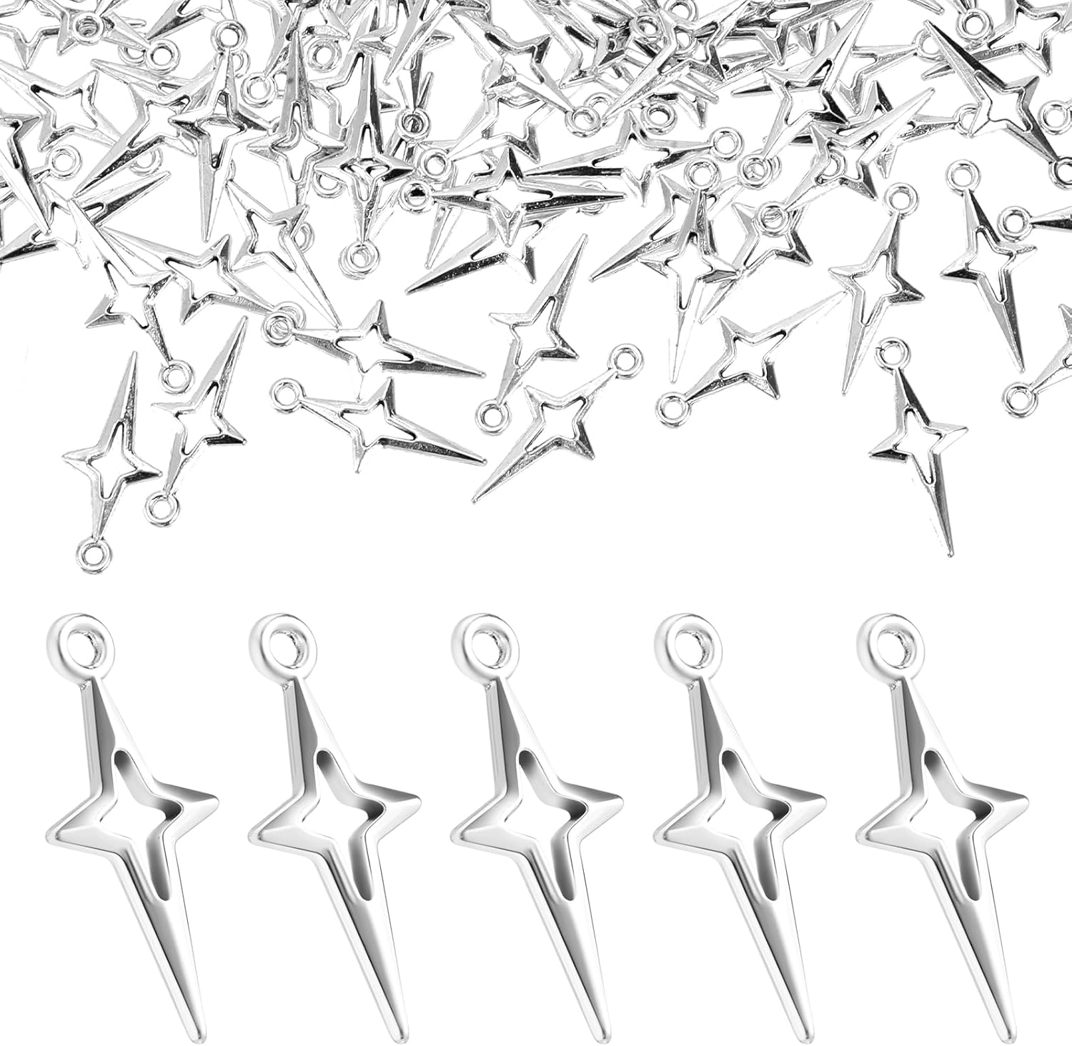 200Pcs Silver Star Charms for Jewelry Making Small Metal Hollow Four-pointed Star Charms for DIY Craft Bracelet Earrings Necklace Pendant Aesthetic Connectors