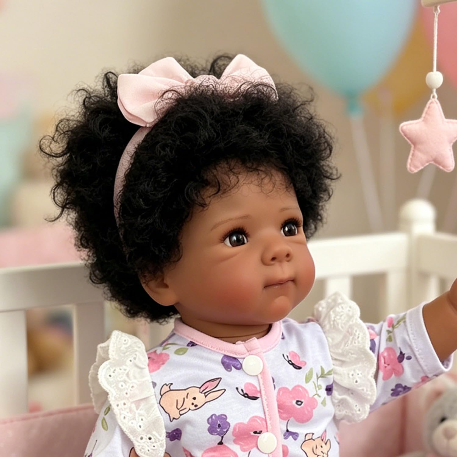 Lonian Pelle Scura Reborn Girl Bambole Silicone Full Body 48cm Silicone Bambino Realistico Neonato Caratteristiche con Capelli Radicati a Mano (Fiocco rosa)