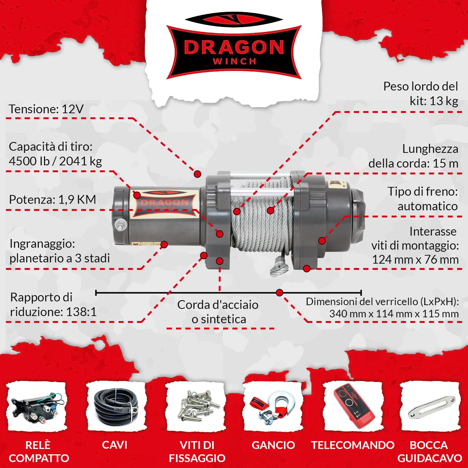 Verricello Elettrico Highlander 12V 4500 lbs Cavo Acciaio 15m Impermeabile Telecomando Senza Fili