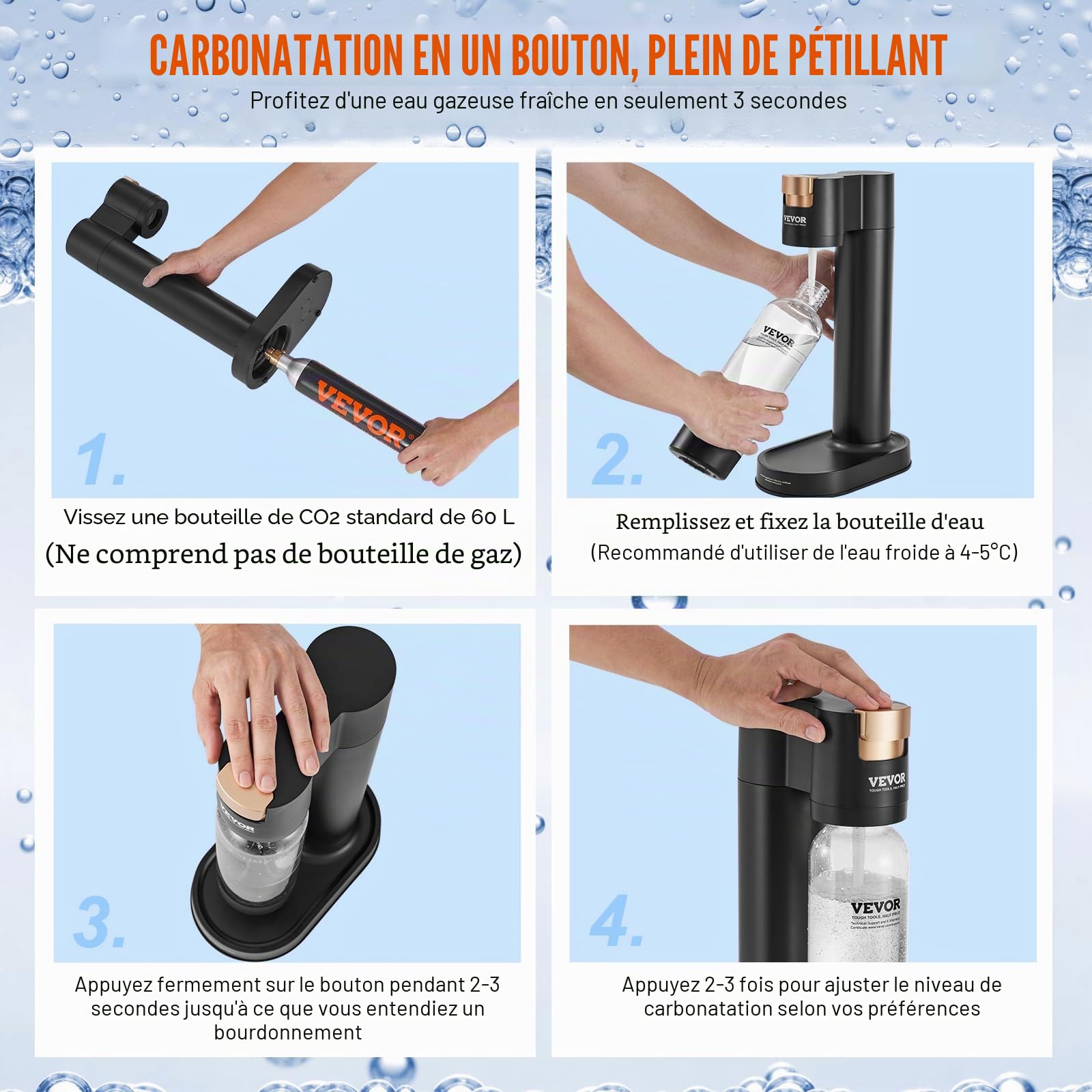 VEVOR Machine à eau gazeuse, machine à eau pétillante et soda pour gazéification domestique avec 2 bouteilles PET de 1 L sans BPA, compatible avec le cylindre de CO2 60 L à visser (non inclus), noir