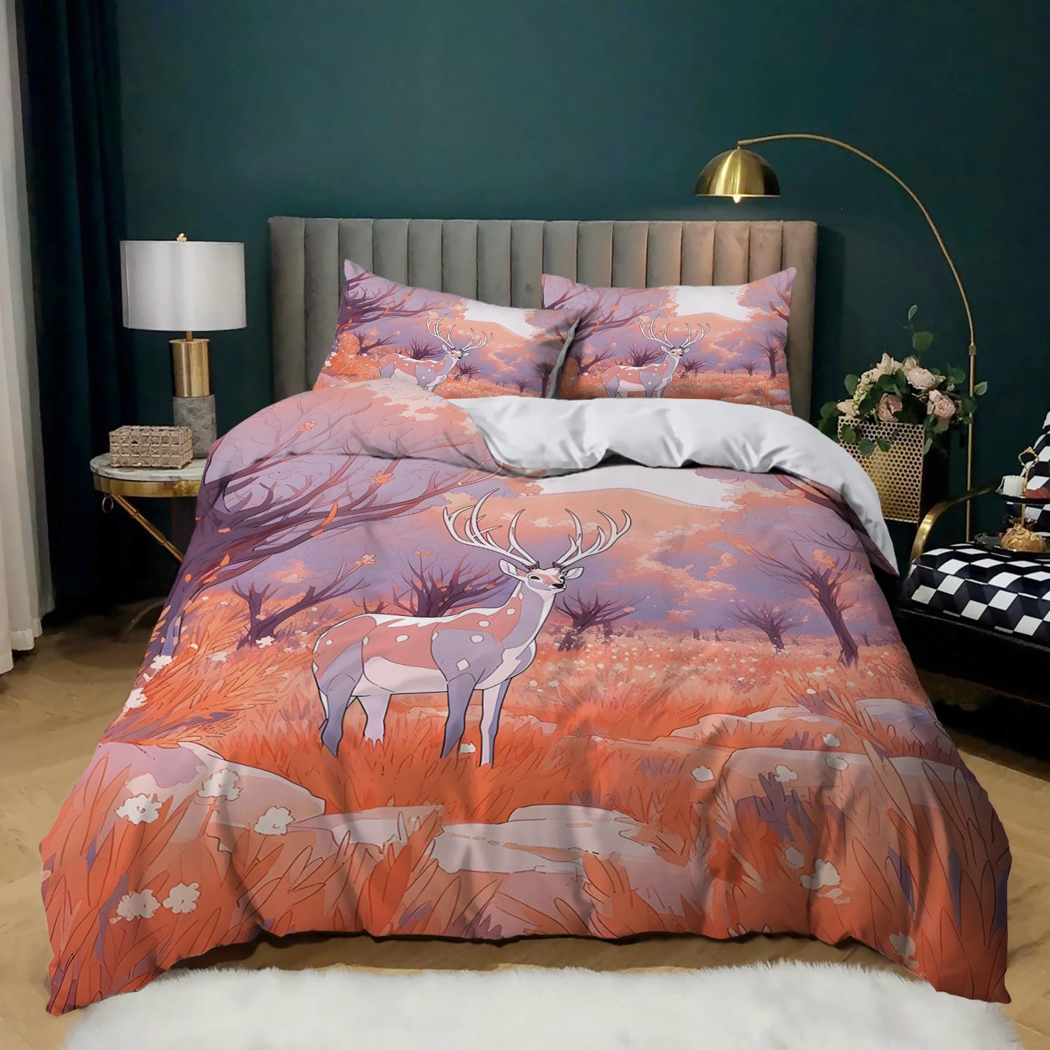 Housse de couette 200x200 cm avec 2 taies d'oreiller motif faon