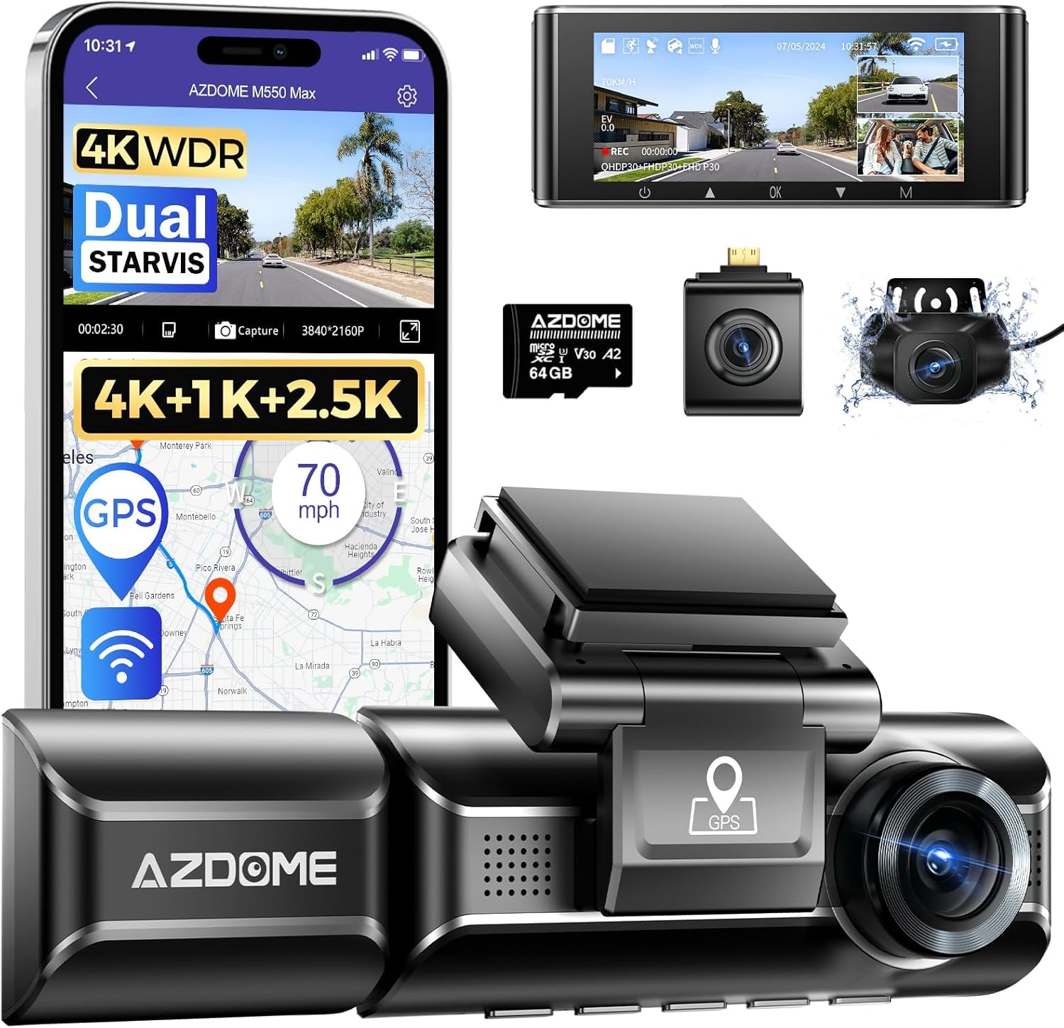 AZDOME M550 MAX Dash Cam 4K a 3 Canali, Telecamera Auto con GPS WiFi, Anteriore 4K + Interna 1080P + Posteriore 2.5K, Schermo IPS 3,19", Visione Notturna, SD 64GB