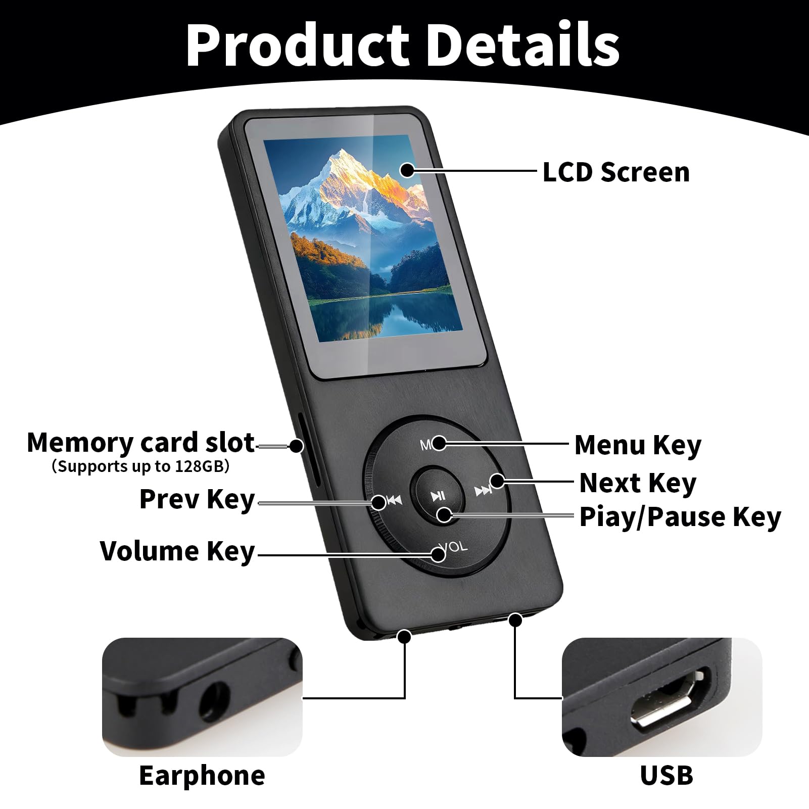 Lettore MP3 Bluetooth 5.3 64GB con Altoparlante, Autonomia 70H, Schermo 1,8”, MP4 Bluetooth Leggero, Lettore MP3 Bluetooth per Bambini Sport HiFi senza Perdita, Scheda TF 64GB