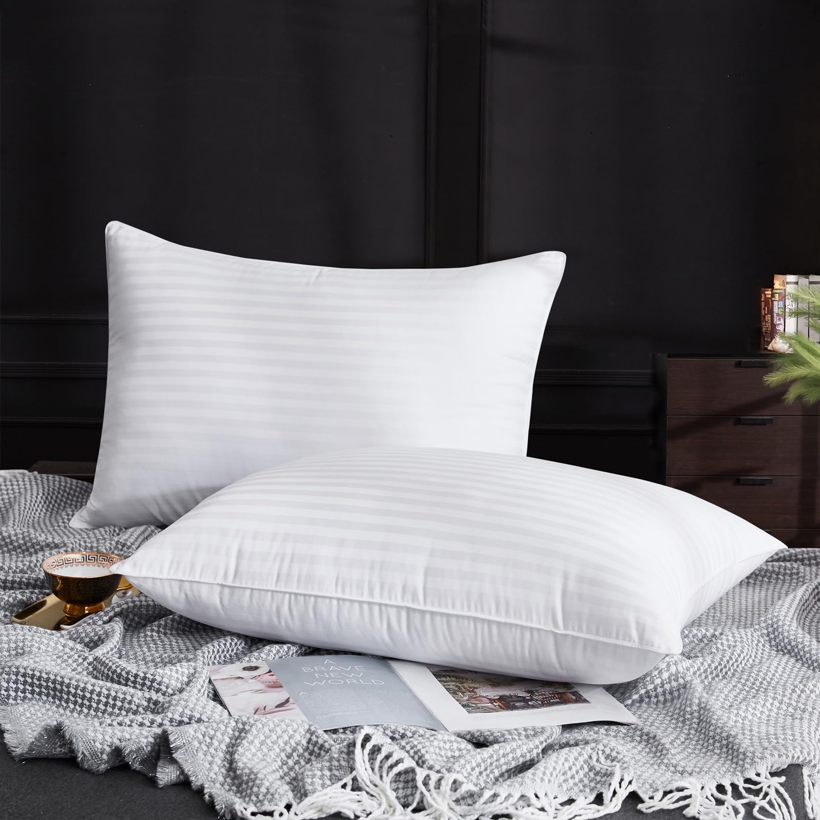 Tracetrack Luxury Goose Feather Down Pillows Queen Size for Sleeping, 1150TC 100% Organic Cotton Cover Hotel Collection Fluffy Bed Pillows for Back,