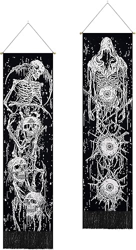 Uspring Paquete de 2 tapices de calavera con ojos hippie, tapiz de esqueleto trippy estético blanco y negro, tapiz psicodélico de pared para