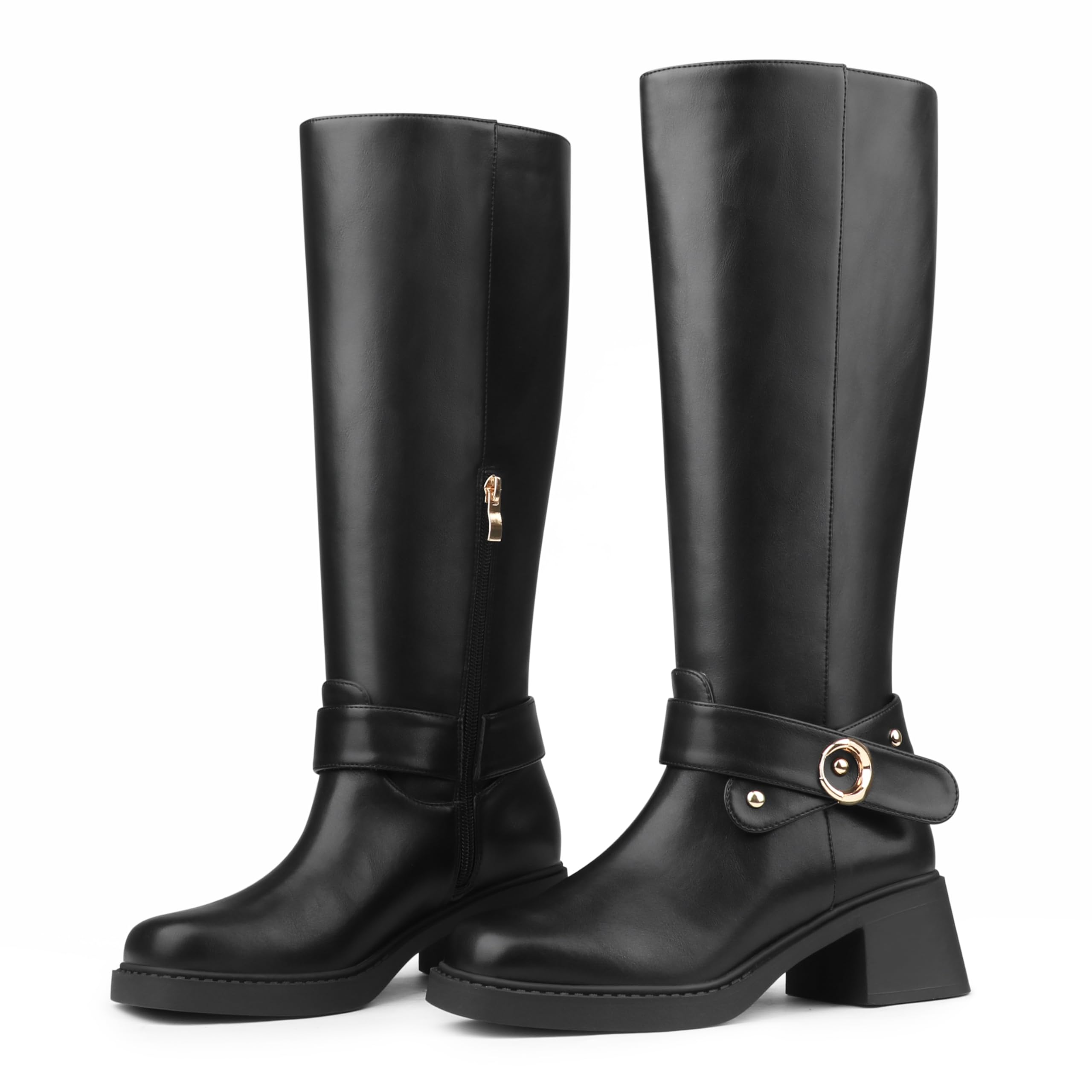 Womens Riding Knee High Boots Square Toe Chunky Low Heels Side Zipper Buckle Moto Boots Fashion Y2K Boots