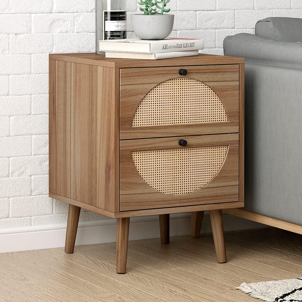 Rattan Nightstand with Drawer, Bedside Tables Side Tables Bedroom, Mid Century Modern Nightstand for Dorm, Wood Boho Nightstand End Table with Storage for Farmhouse -Walnut/Single