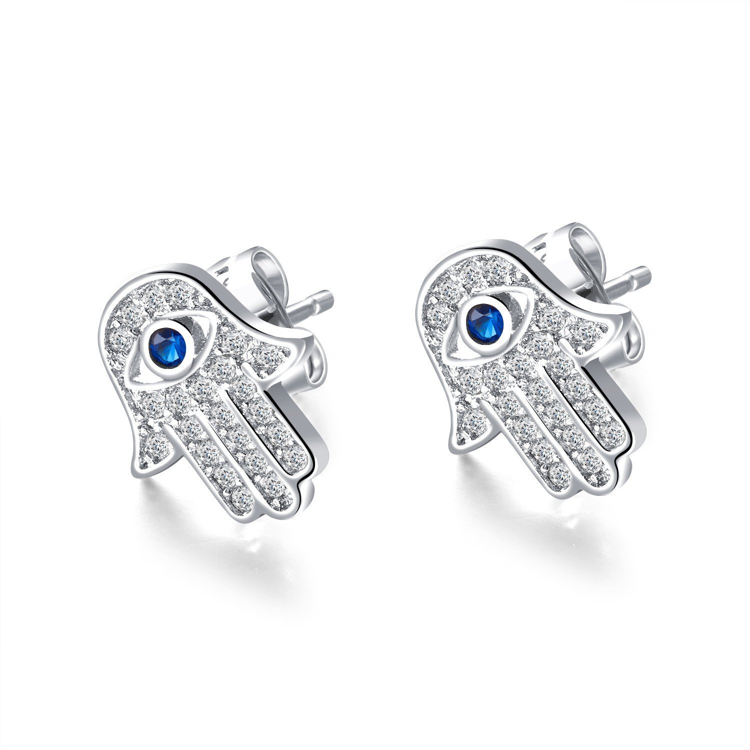 JAJAFOOK Hamsa Hand of Fatima Stud Earrings Zircon Evil Eye Post Earrings For Women Teen Girls, Silver/Gold Color