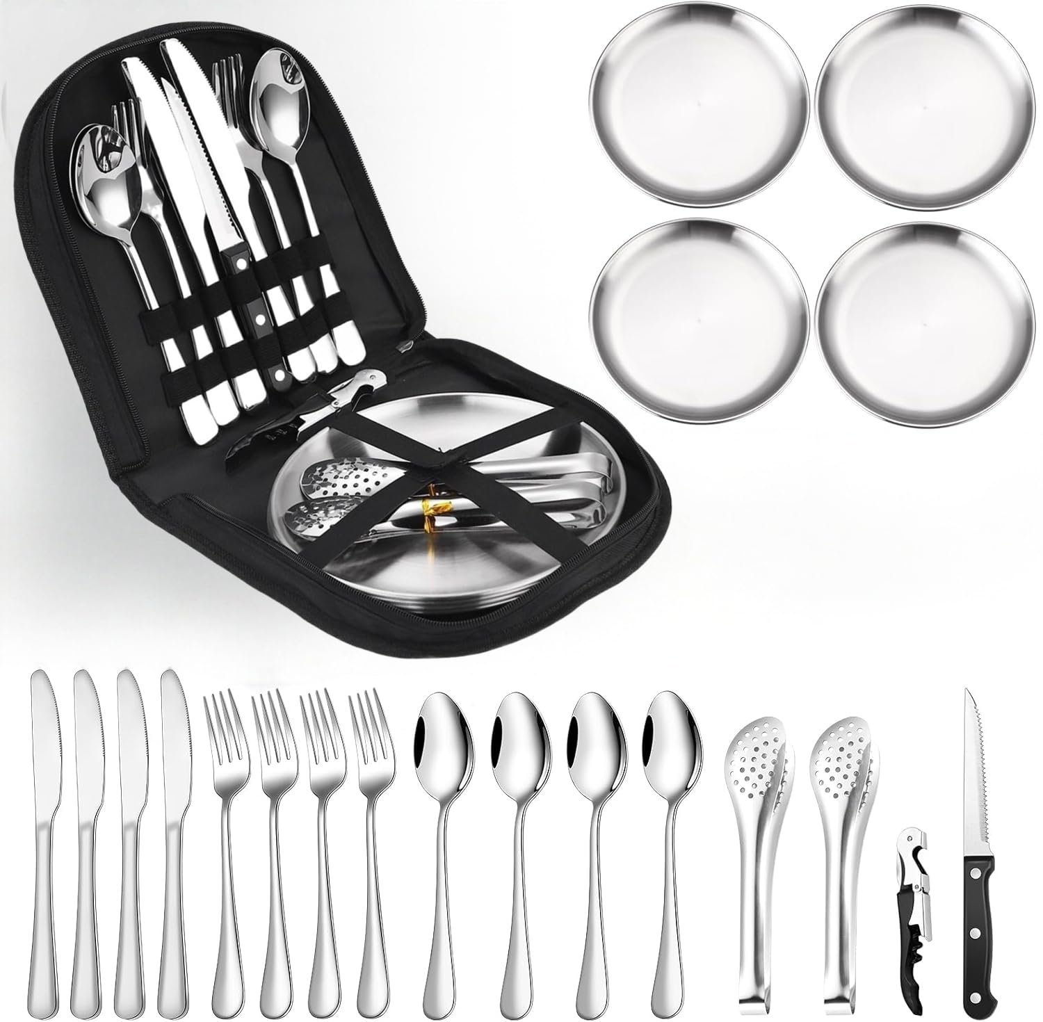 Set de vaisselle de camping pour 4 personnes, 20 pièces Set de couverts de camping portable, couverts de camping en acier inoxydable avec pochette à couverts, fourchettes, couteaux et cuillères, réuti