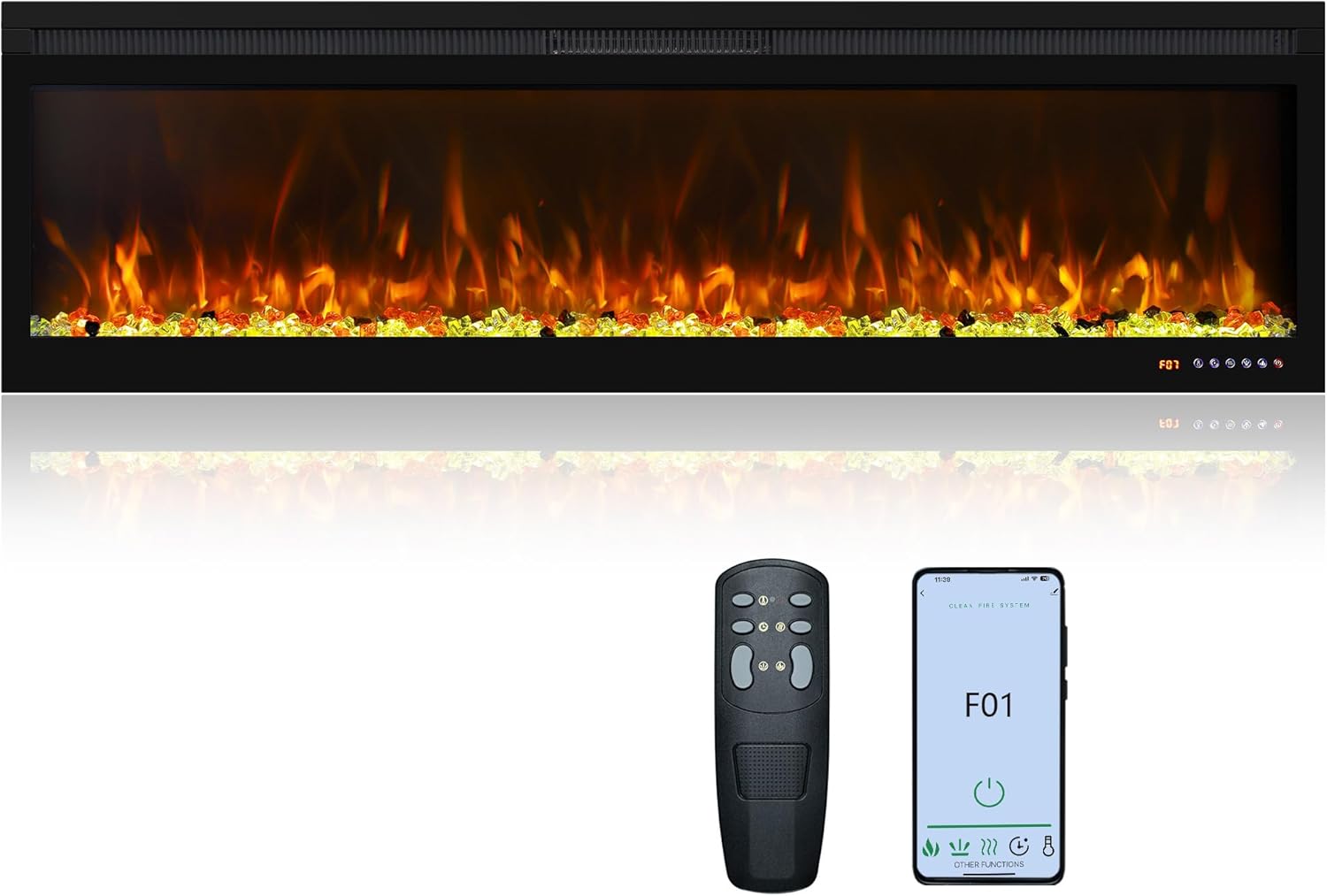 60 Inch, Recessed & Wall Mounted WiFi-Enabled Electric Fireplace Inserts with Remote Control,Timer & Thermostat Fireplace Heater, Log Set & Crystal Options, 750W/1500W, Black