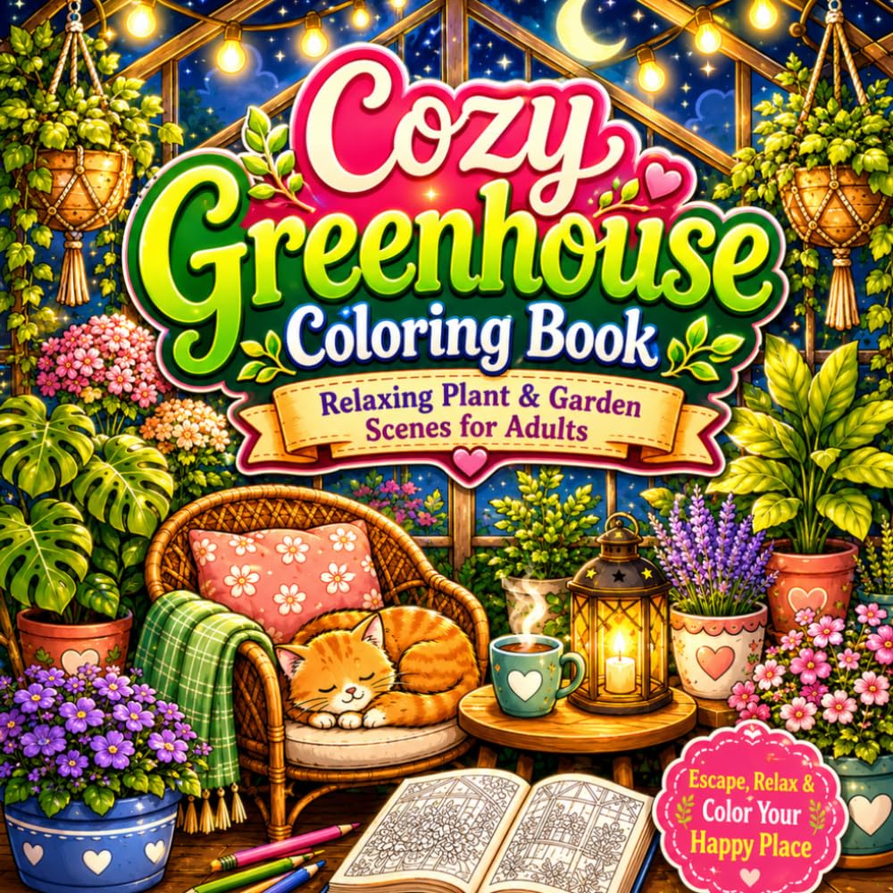 Cozy Greenhouse Coloring Book: Relaxing Plant & Garden Scenes for Adults Featuring Cozy Cats, Squirrels & Bunnies