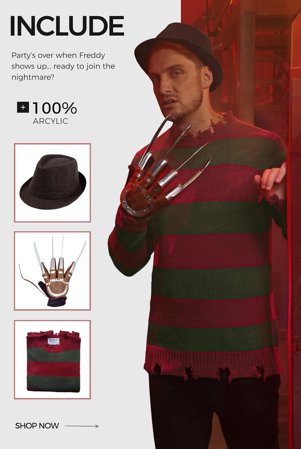 Arvilhill 3 Pcs Men's Halloween Scary Costume Claws Sweater Hat Nightmare Outfits (S-3XL) - Image 6