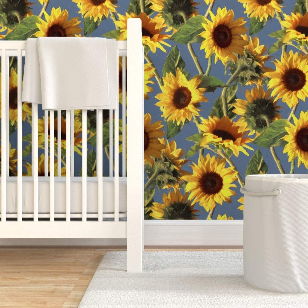 Peel & Stick Wallpaper 3ft x 2ft - Sunflowers Light Blue Sunflower Painting Yellow Botanical Impressionist Custom Removable Wallpaper by Spoonflower
