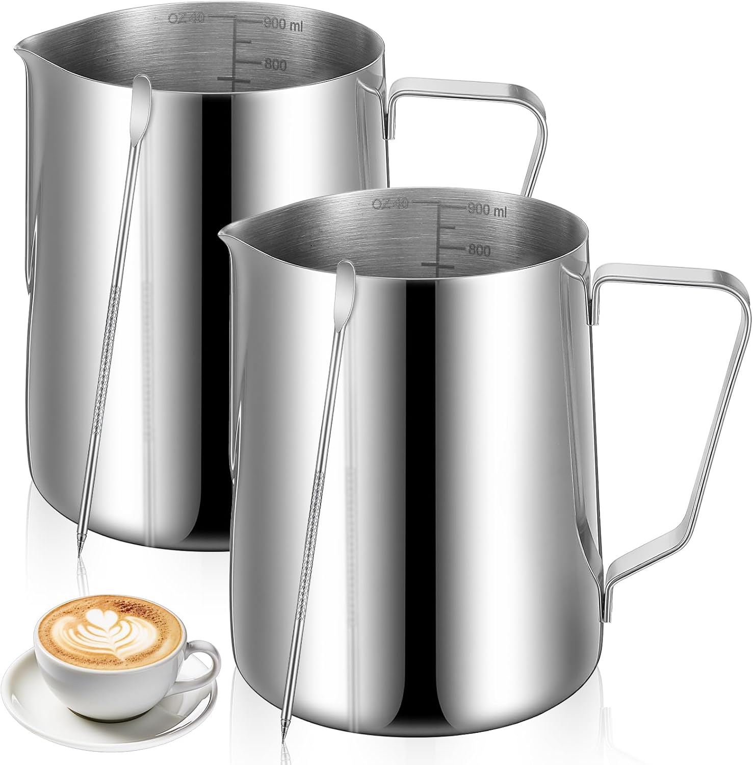 2 Pcs Milk Frothing Pitcher, 40 Oz Stainless Steel Steaming Pitcher for Espresso, Cappuccino, Barista Frother Jug with Tick Mark and Latte Art Pen, Silver