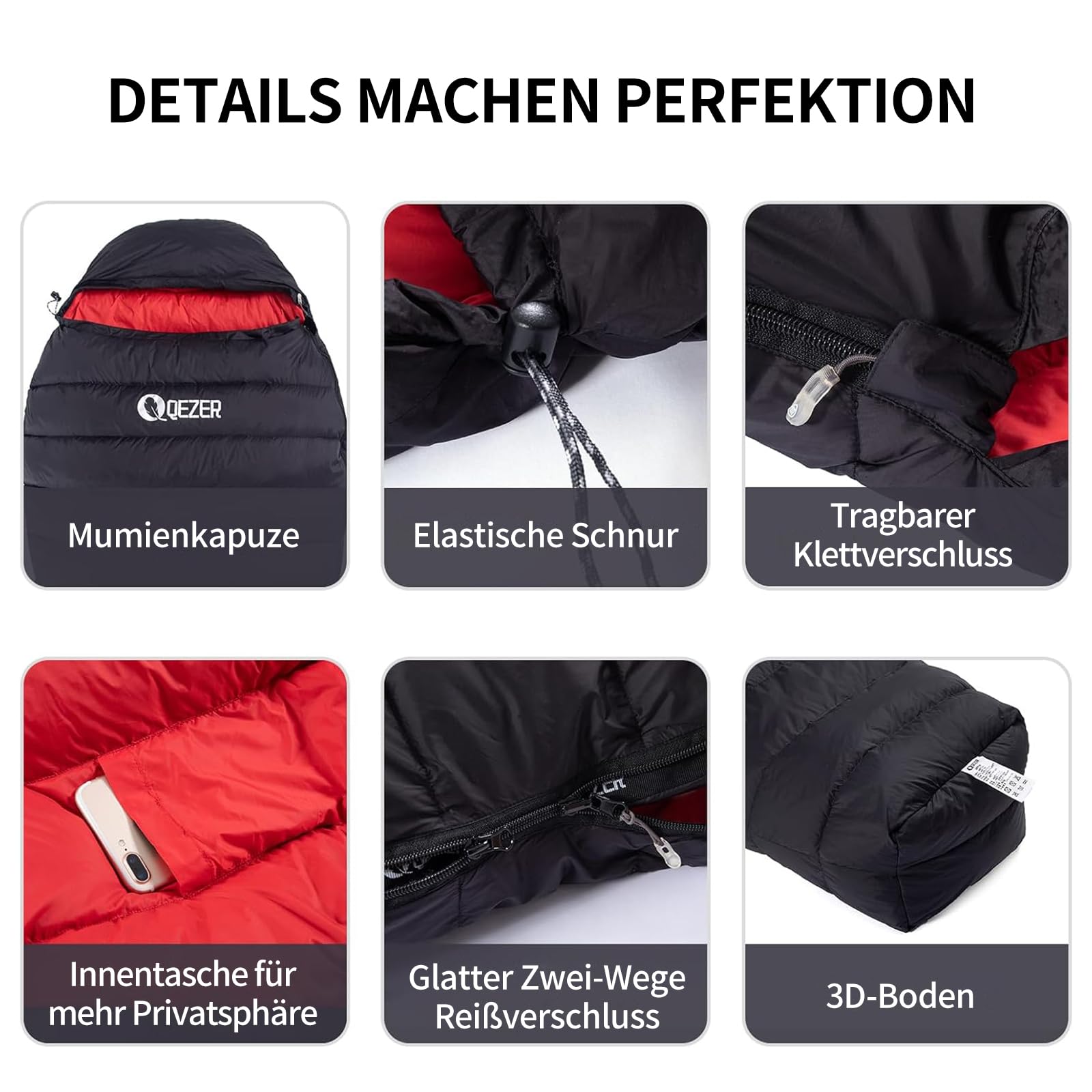 Daunenschlafsack, Winterschlafsack, gefüllt mit 650er Entendaunen. RDS-Zertifiziert. Geeignet für Temperaturen von 8 °C bis -30 °C, ideal zum Campen und Bergsteigen.