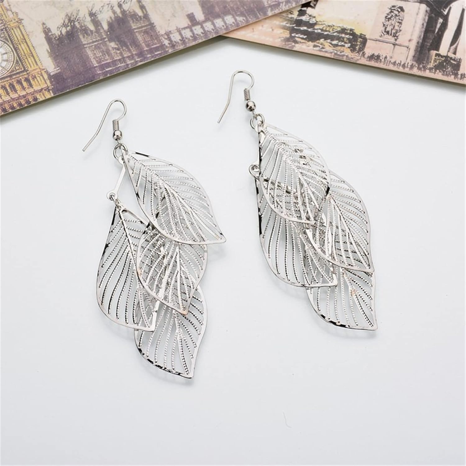 coadipress Bohemian Layered Filigree Leaf Earrings for Women Handmade Silver Gold Plated Big Boho Lightweight Chandelier Hollowed Out Leaves Dangle Drop Earrings - Image 3