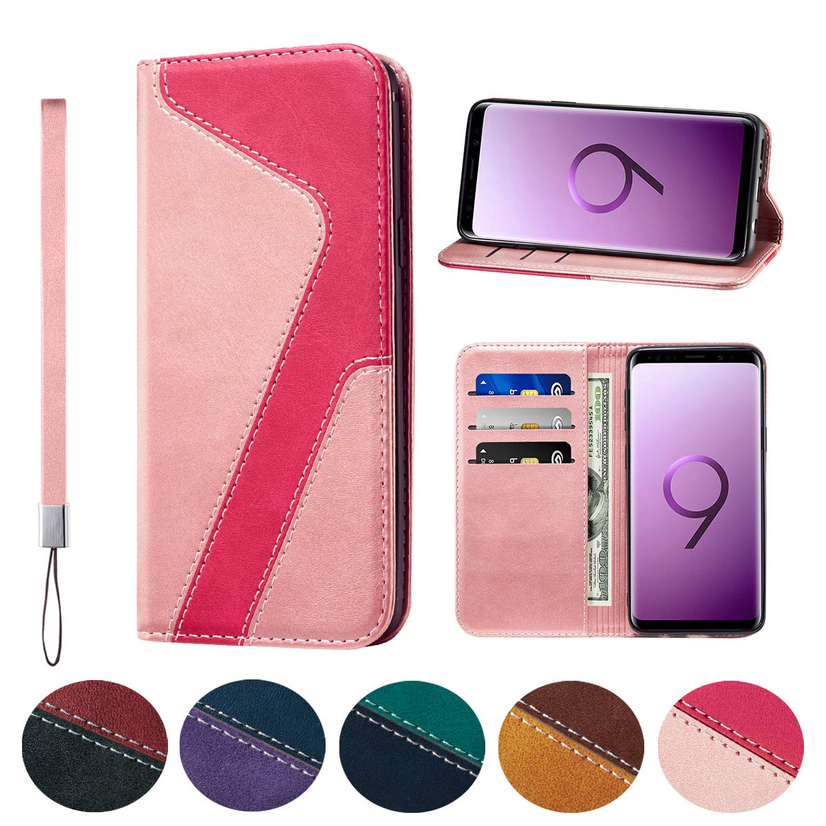 Huping Samsung S9 Plus/S9+ Case, Leather Color Contrast Style Wallet Case with Card Holder Shockproof Flip Stand Cover For Samsung Galaxy S9 Plus - Pink