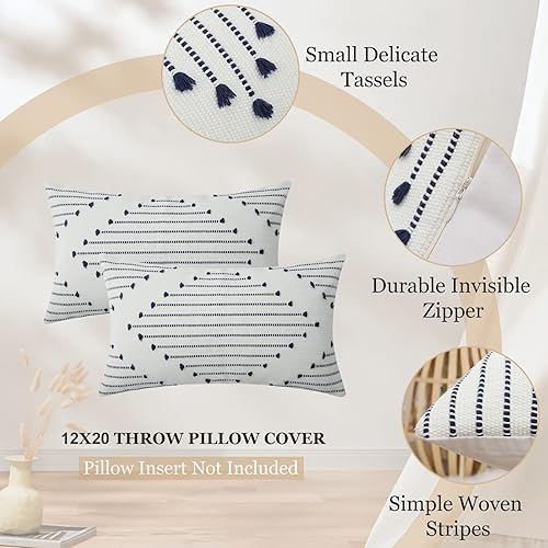 Miniatura 4 de Mecatny juego de 2 fundas de cojín decorativas estilo bohemio de 12 pulgadas x 20 pulgadas, color azul marino y blanco crema, fundas rústicas para