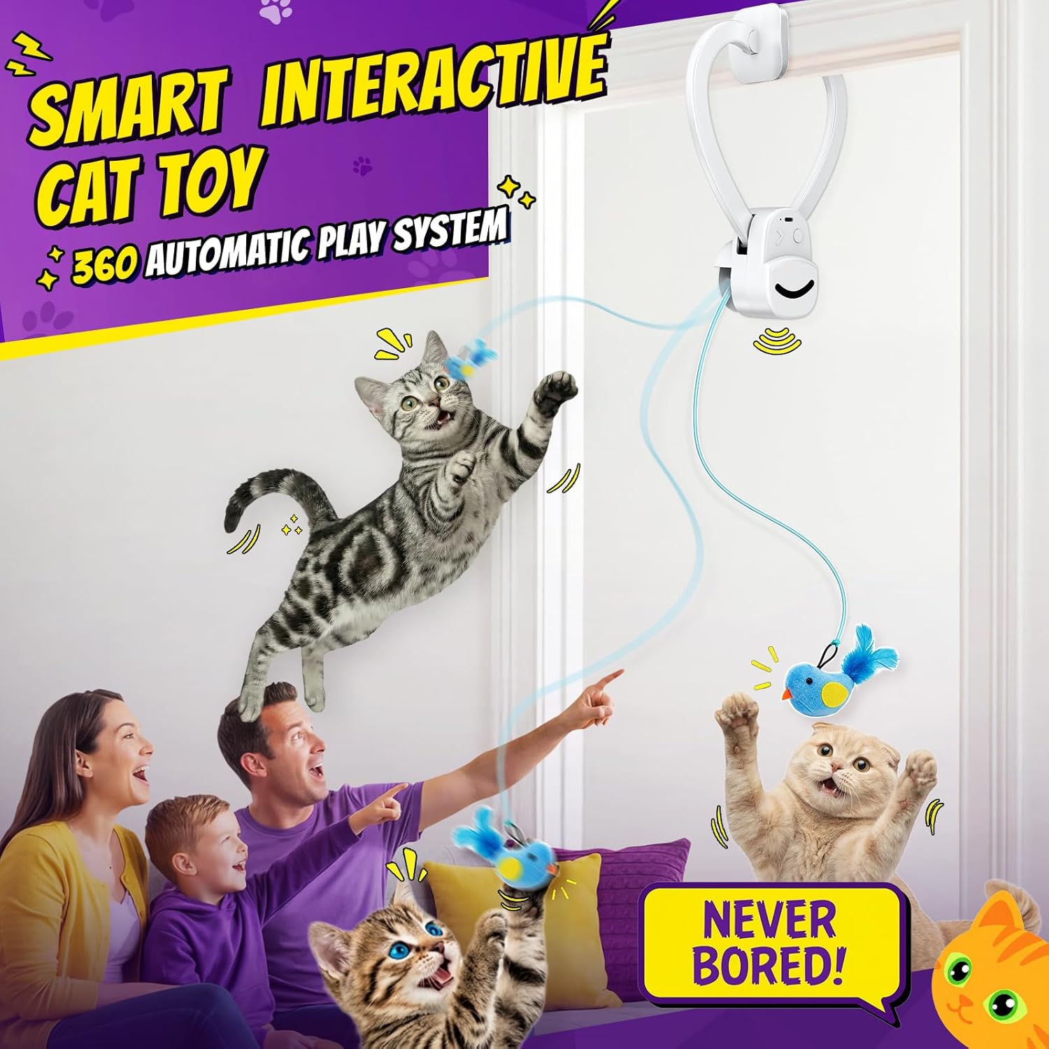 Interactive Cat Toys for Indoor Cats: Automatic Flying Bird Feather Wand Chase Exercise Enrichment Stimulation, USB Rechargeable Durable Safe Hanging Toy for Bored Kittens Adult Multi Cat Households White