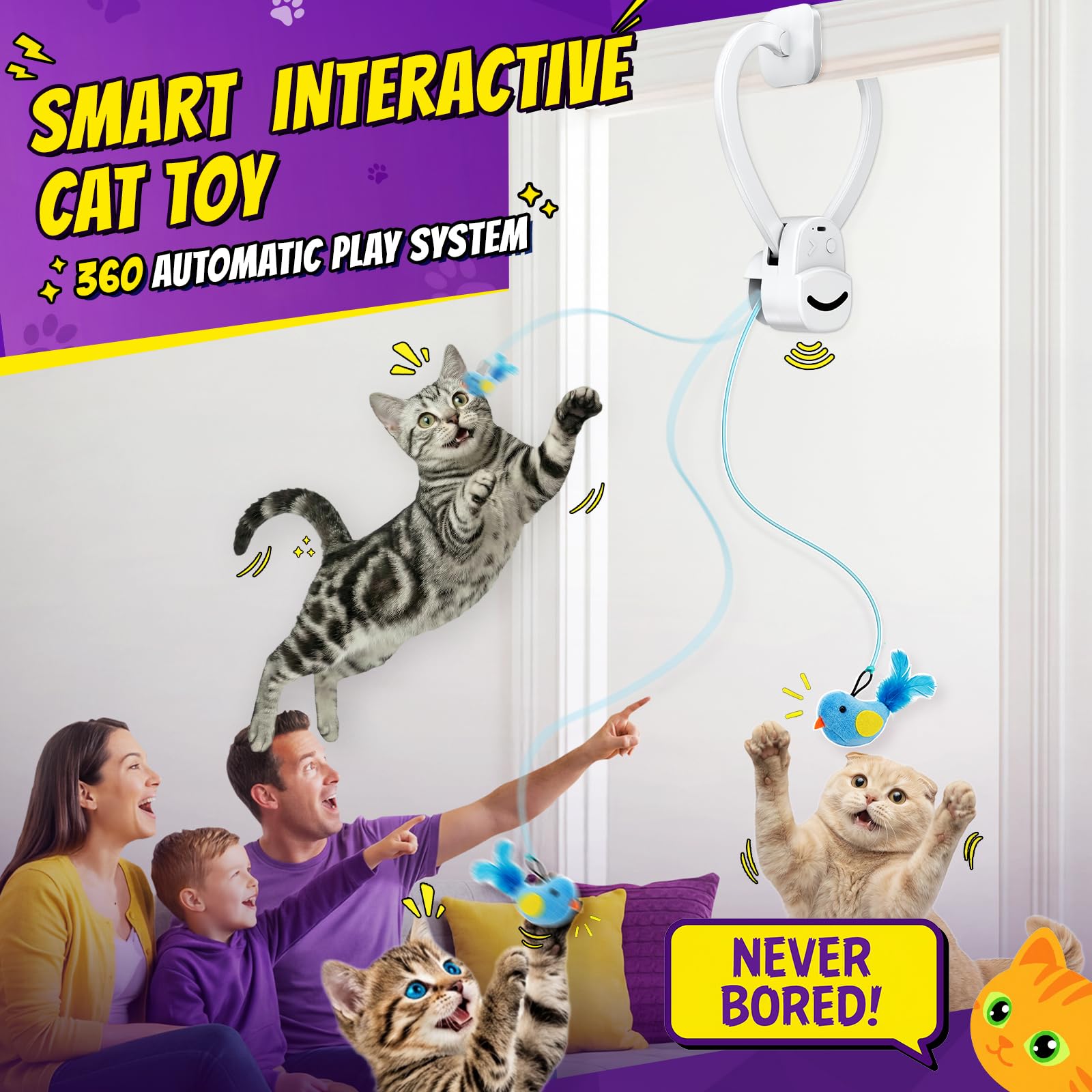 Interactive Cat Toys for Indoor Cats: Automatic Flying Bird Feather Wand Chase Exercise Enrichment Stimulation, USB Rechargeable Durable Safe Hanging Toy for Bored Kittens Adult Multi Cat Households - image 2