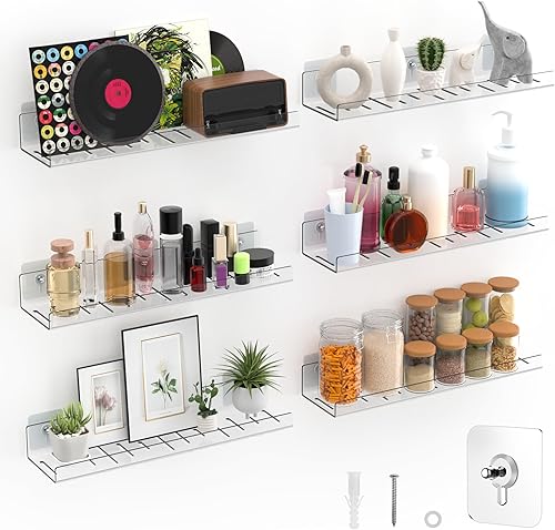 Paquete de 6 estantes flotantes Estante de almacenamiento de acrílico transparente PET montado en la pared sin perforaciones con adhesivo,