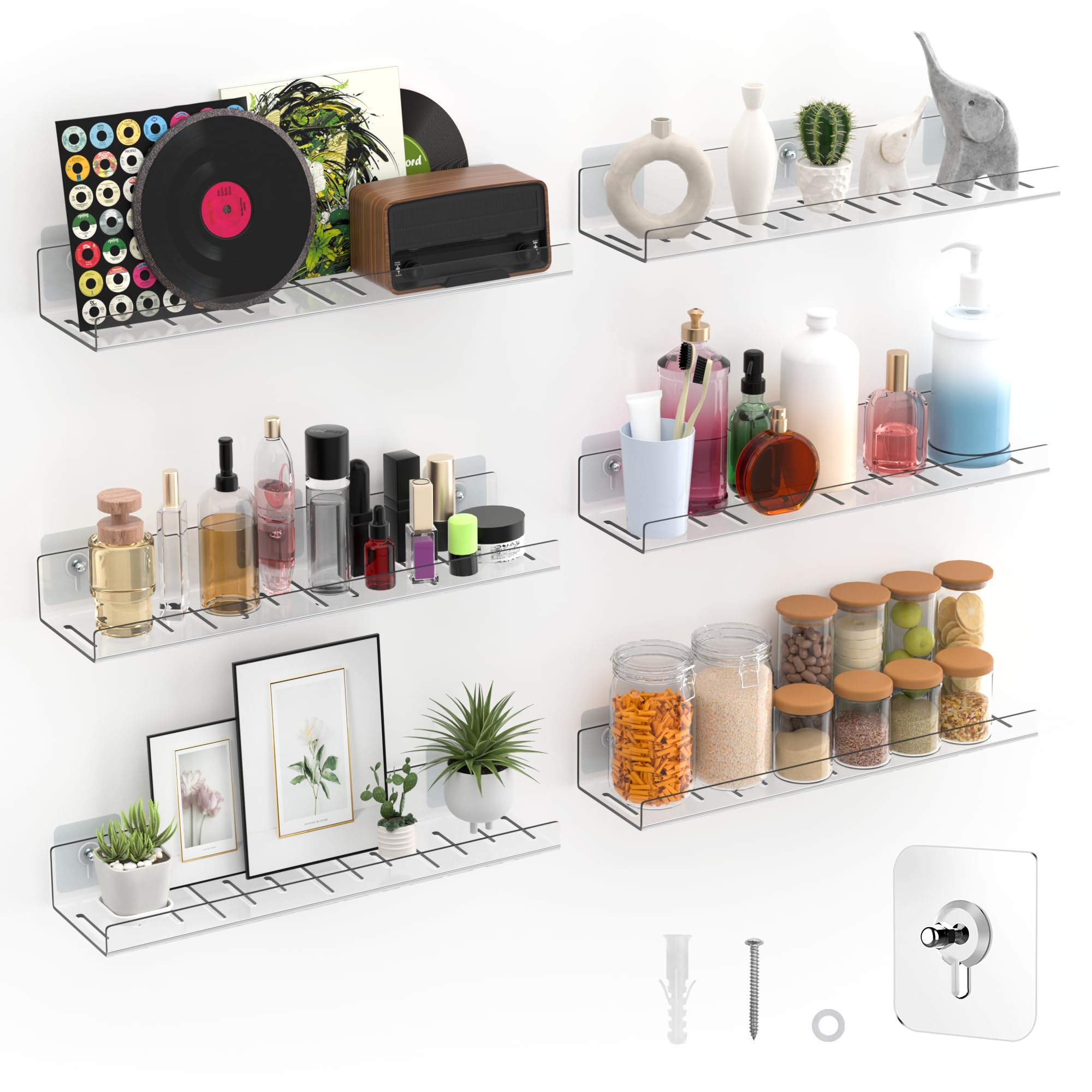 Pack of 6 Floating Shelves - Clear Acrylic/PET Wall Mounted No Drilling Storage with Adhesive, Invisible Bathroom & Bedroom Shelf for Kitchen, Living Room, Transparent Decor-image-12