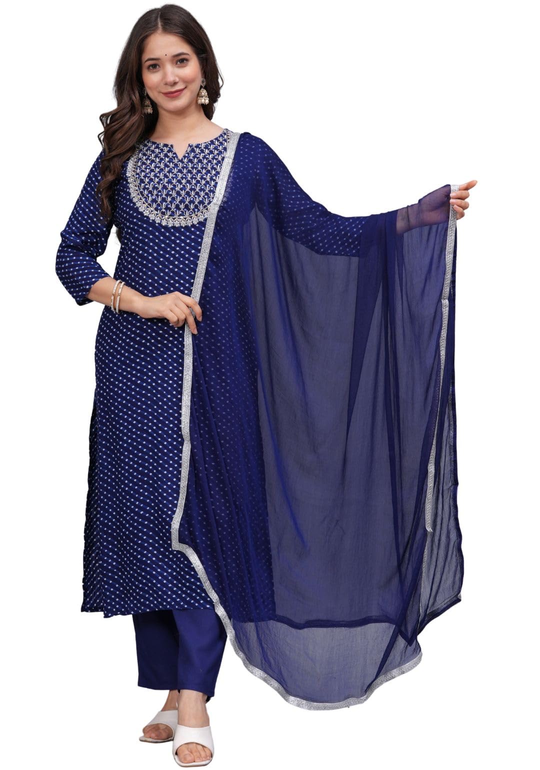 Rytras Women's Embroidered Straight Kurta Set With Palazzo Pants & Dupatta- Ethnic Wear, Blue(Ryt608-New,L)