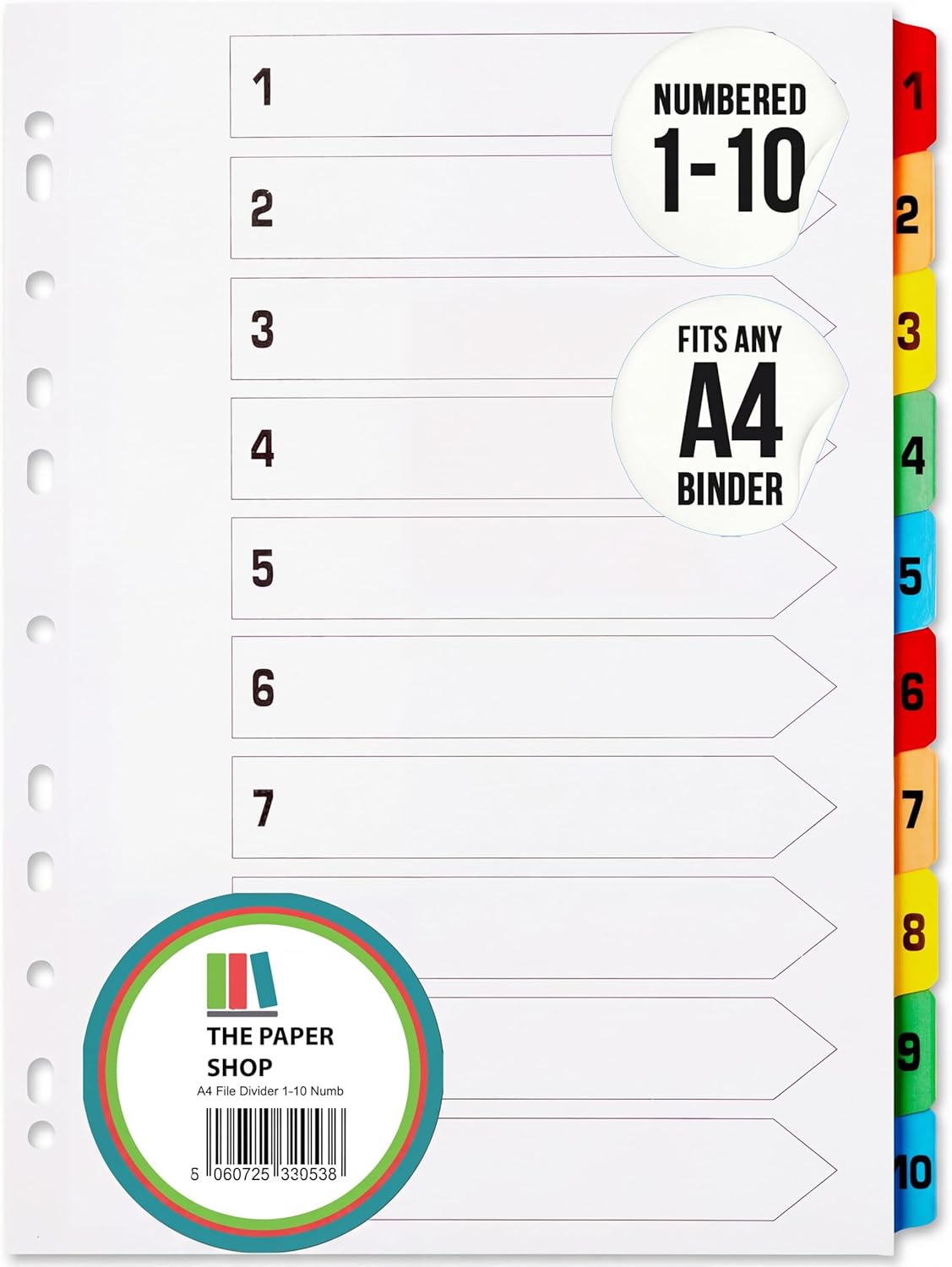 A4 File Dividers - 10 Part Folder Dividers for Ring Binders & Lever Arch Files (25 Pack)