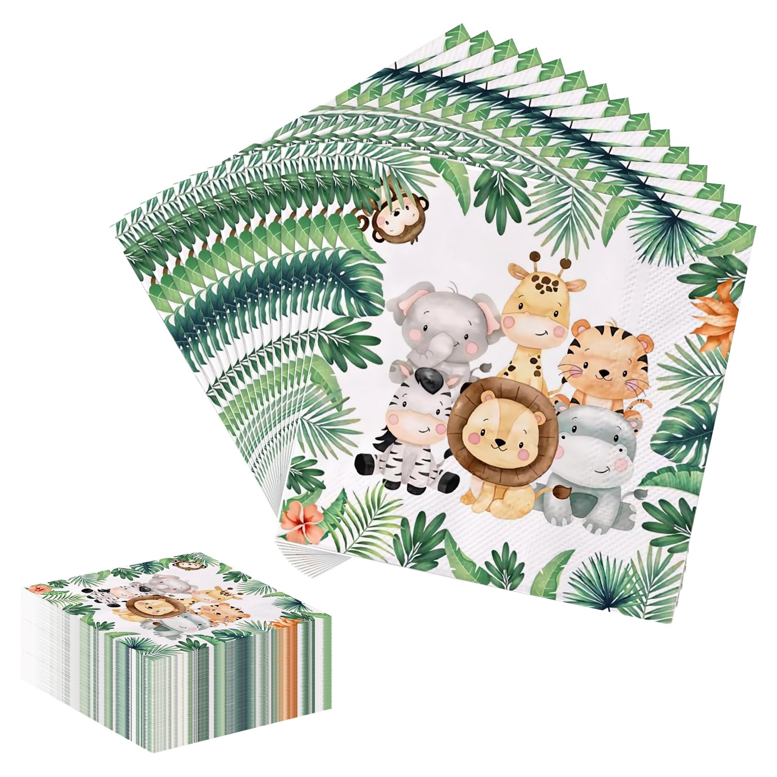 Jungle Animal Napkins - 33x33cm Disposable Dinner Paper for Jungle Safari Zoo Theme Birthday Party Supplies (80)