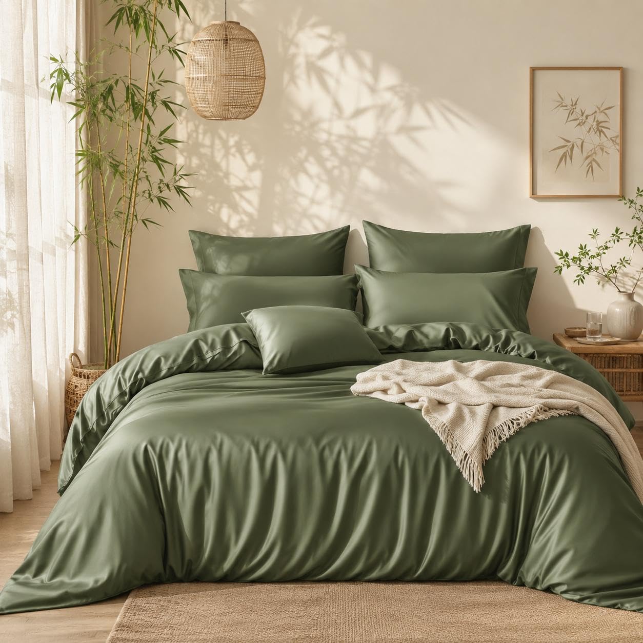 Lanqinglv Juego de ropa de cama de 200 x 220 cm de 100 % bambú Lyocell, color verde mako satén, refrescante con cremallera, certificado Öko-Tex, funda nórdica de lujo lisa de 200 x 220 cm y 2 fundas