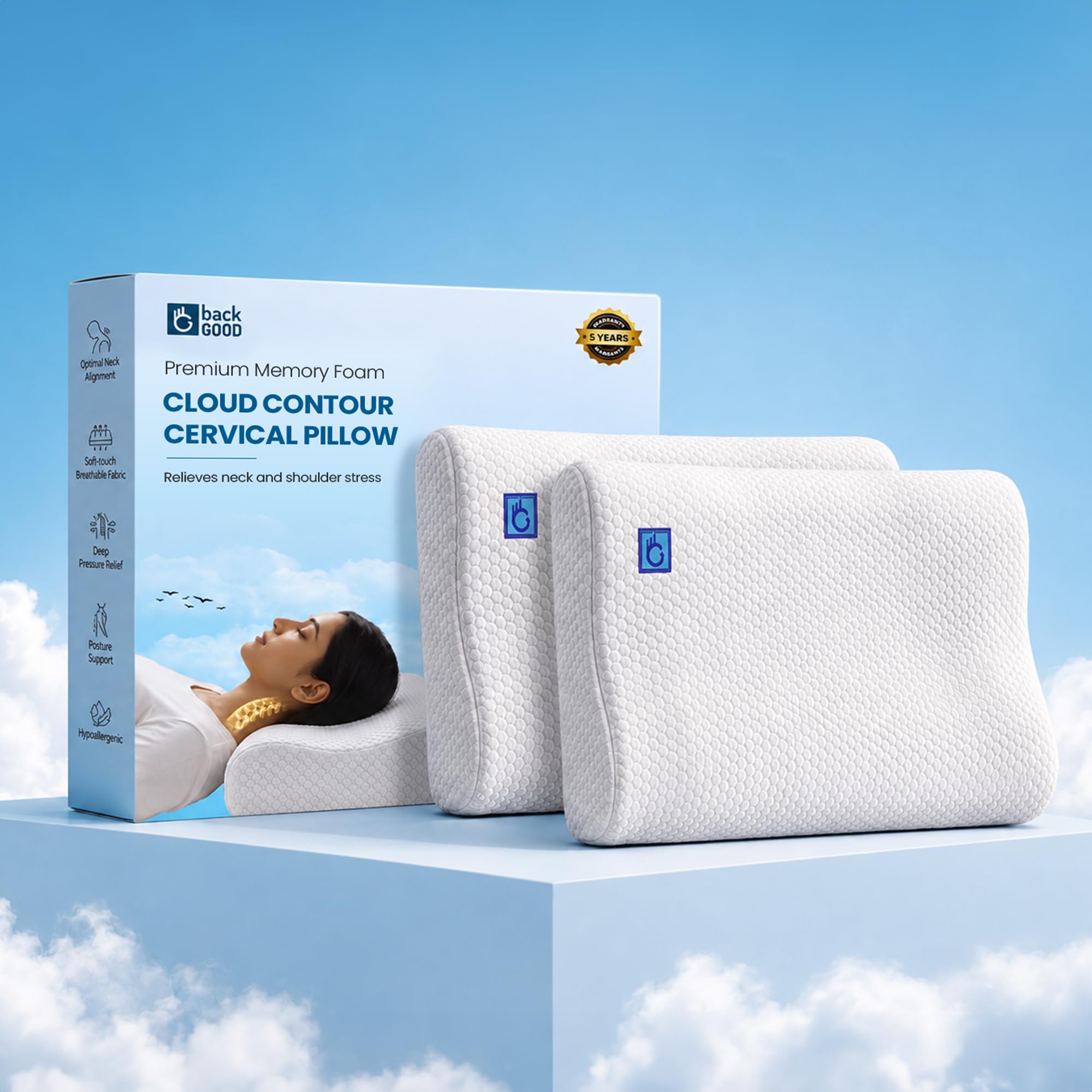BackGood Memory Foam Neck Support Pillow – Pack of 2 | QI Spine Clinic Designed Cervical Orthopedic Contour Pillow for Side & Back Sleepers | Neck Pain Relief & Spinal Alignment | 5-Year Warranty-image-38