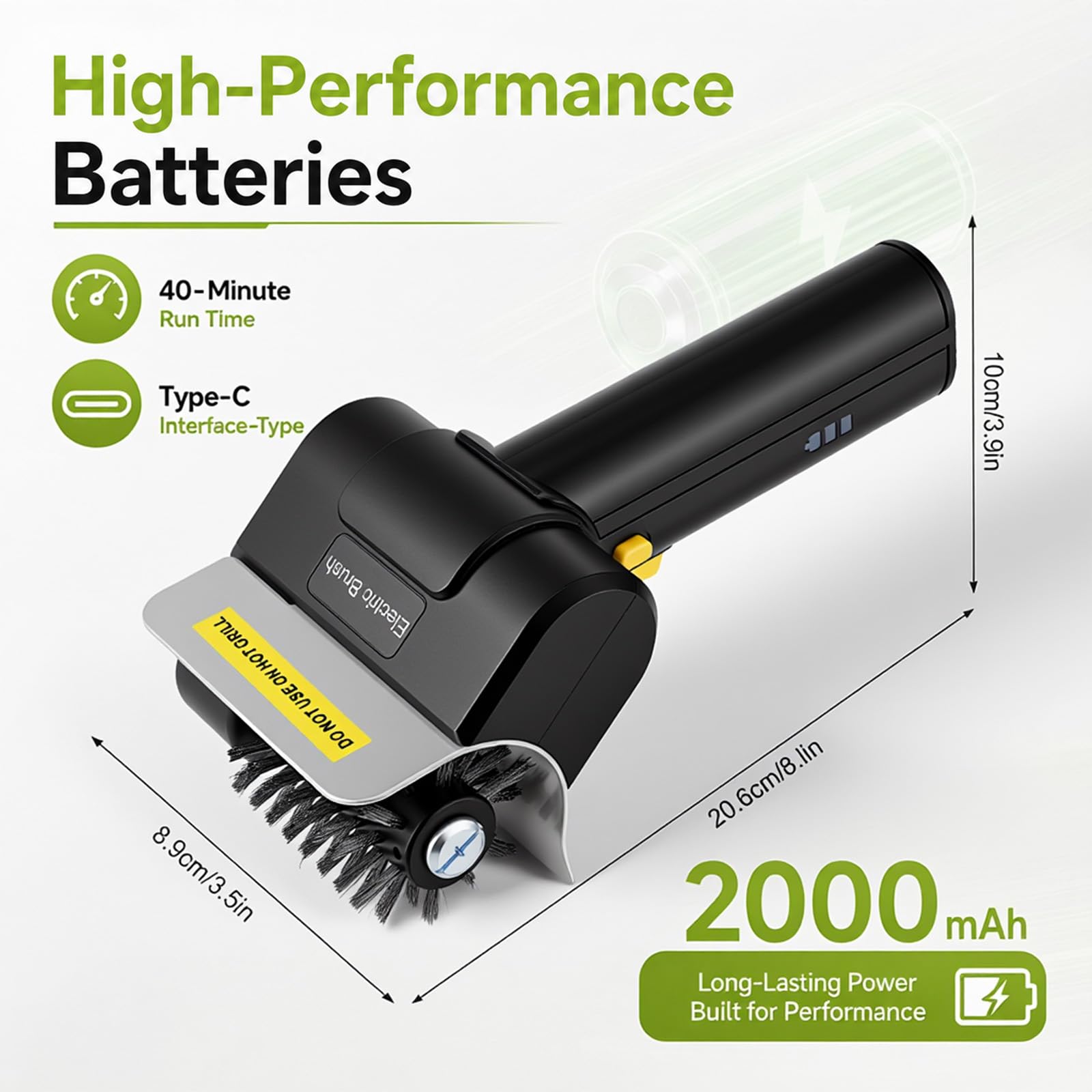 Cepillo eléctrico para barbacoa exterior, cepillo eléctrico inalámbrico, 1100 rpm, incluye cepillo de repuesto, limpiador USB recargable para todas las barbacoas, color negro