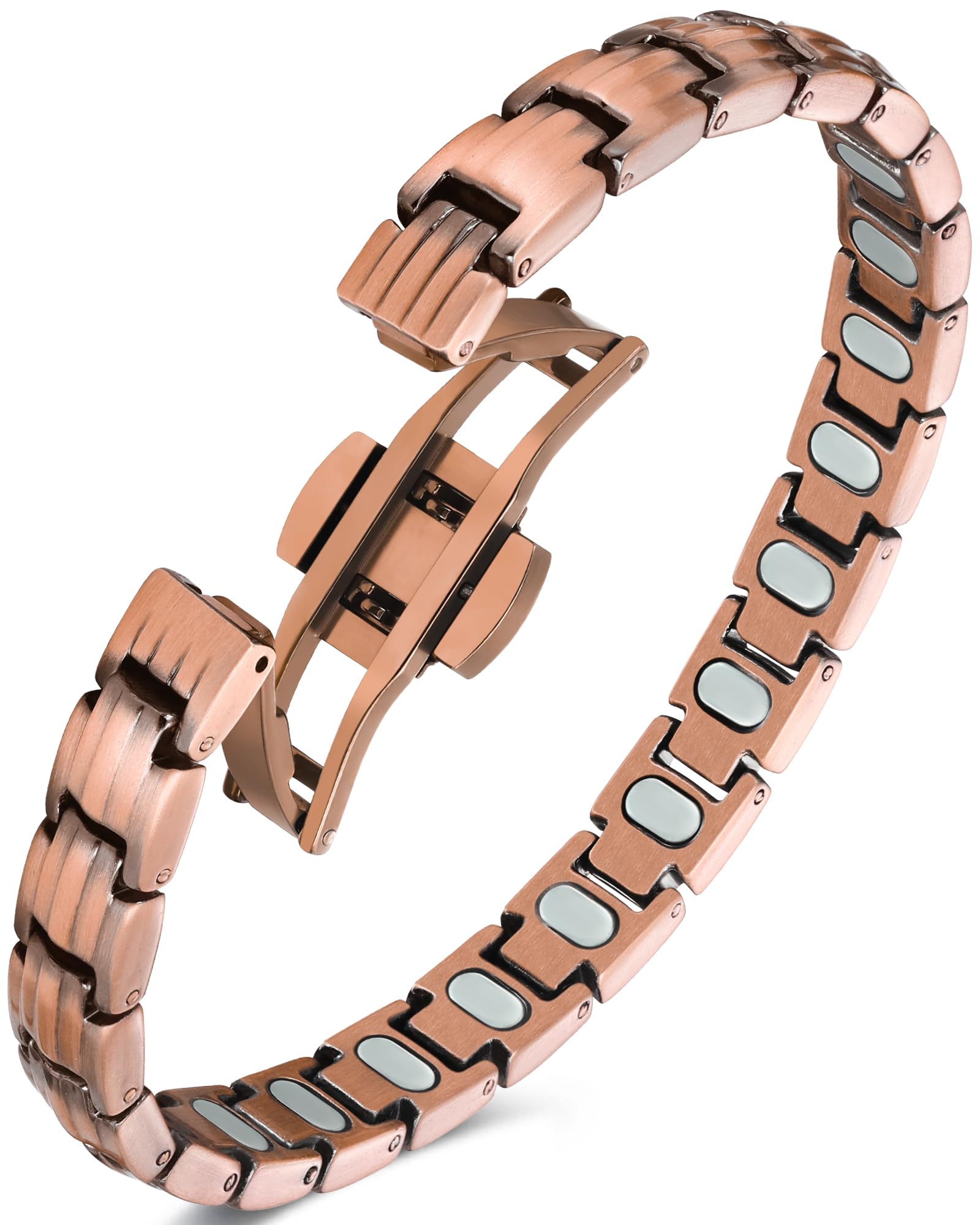 Jeracol Bracelet en cuivre 99 % pour femmes avec aimants puissants de 5000 gauss – Bracelet magnétique à fermoir papillon amélioré pour femmes pour le bien-être et le style, outil réglable et coffret