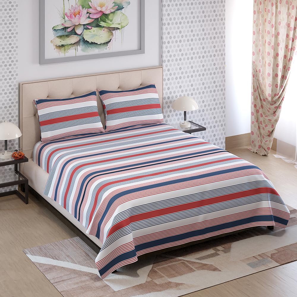 Queen Size Striped Bedsheet Set - Blue & Red -1