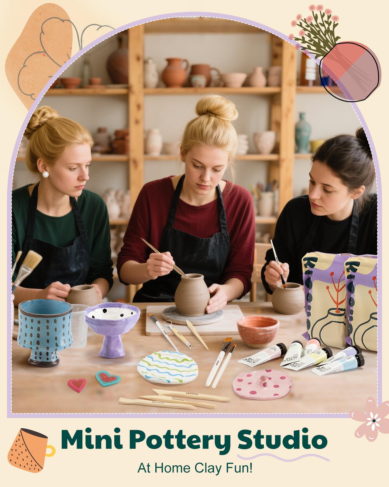 Töpferset für Zuhause Pottery Set: Ton zum Töpfern lufttrocknend für Erwachsene, DIY Set Erwachsene Ton Set mit Modellierwerkzeug, Acrylfarben, Töpfern Zuhause für Anfänger