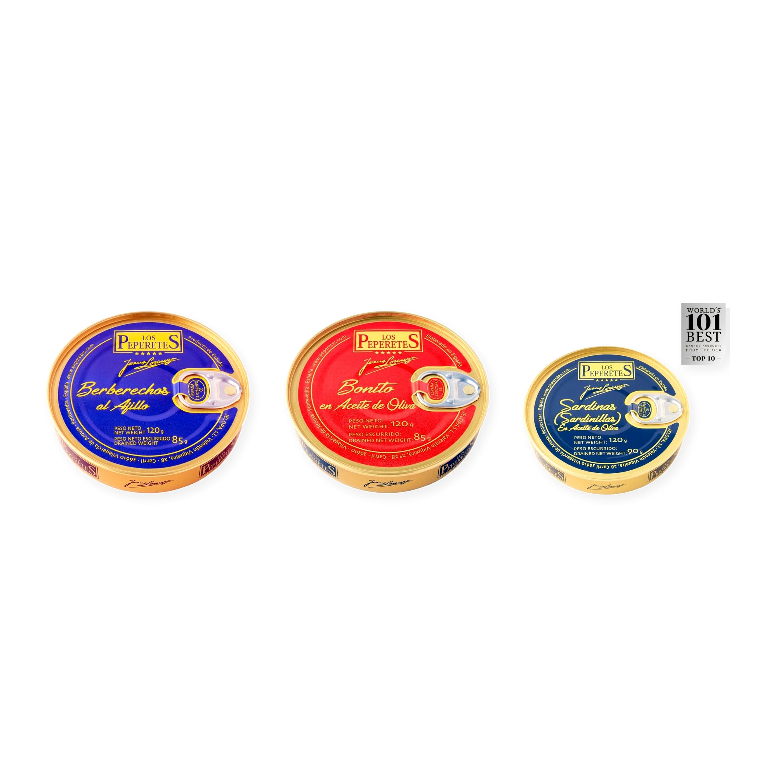 los peperetes conservas Berberechos Ajillo, Bonito Aceite Oliva y Sardinillas Aceite Oliva pack 3 latas