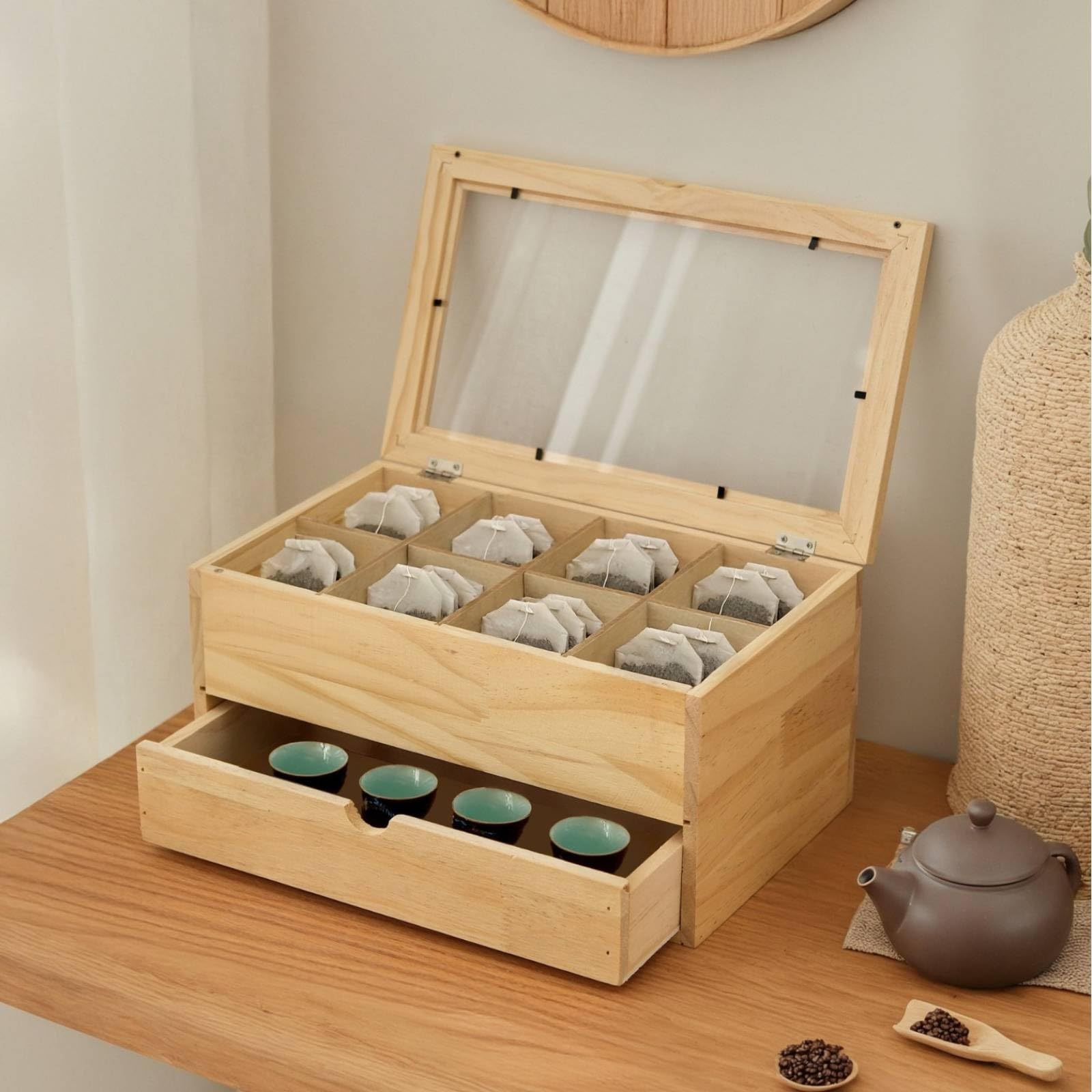 Qianly Boîte Thé Bois Double Niveau Boîte Compartimentée Gain Place Rangement Maison pour Bureau, Noir