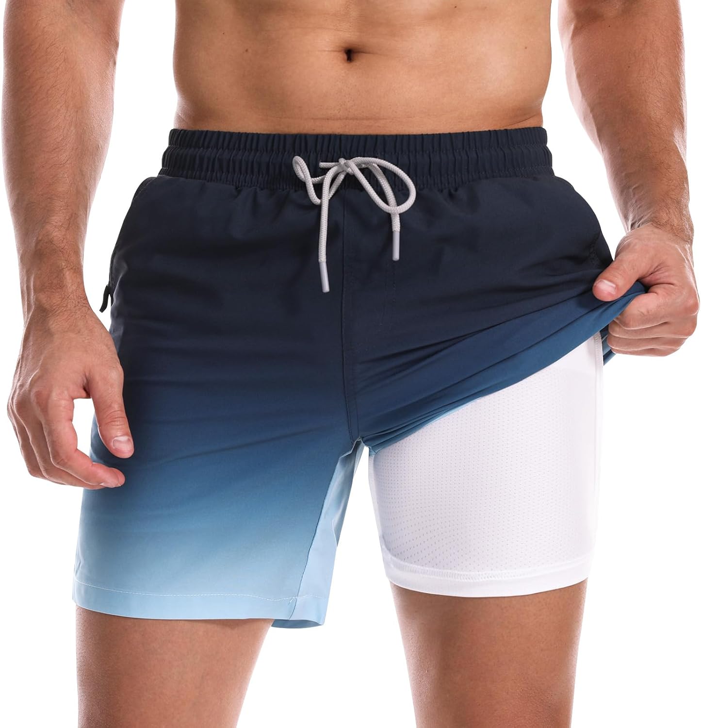 Danfiki Herren Schwimmstämme mit Maschenfutterkompressions Liner 2 in 1 kurzen Schwimmstämme Schwimmshorts Gradientenfarbe
