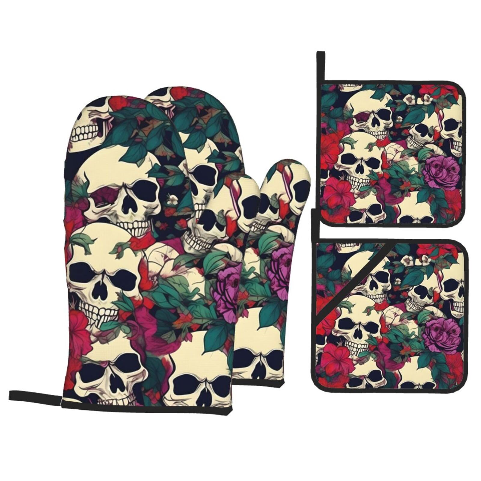 Floral Skulls Print 4-Piece Oven Microwaving Set Kitchen Gloves for Holiday Cooking Baking Grilling