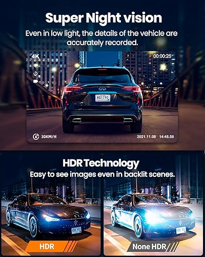 Miniatura 3 de Yeecore Cámara de salpicadero frontal y trasera, GPS WiFi real 4K+1080P, cámara LCD de 3 pulgadas para automóviles, visión nocturna HDR, monitor de