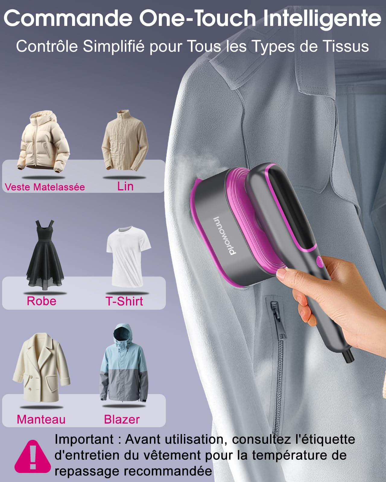 Défroisseur Vapeur de Voyage,1200W,20ml/min de Vapeur,Chauffage Express 15s, Autonomie 12 Min, 5 Modes,Grand Réservoir D'eau de 110 ml,Fer à Vapeur 2-en-1 pour Maison et Déplacements(Violet)