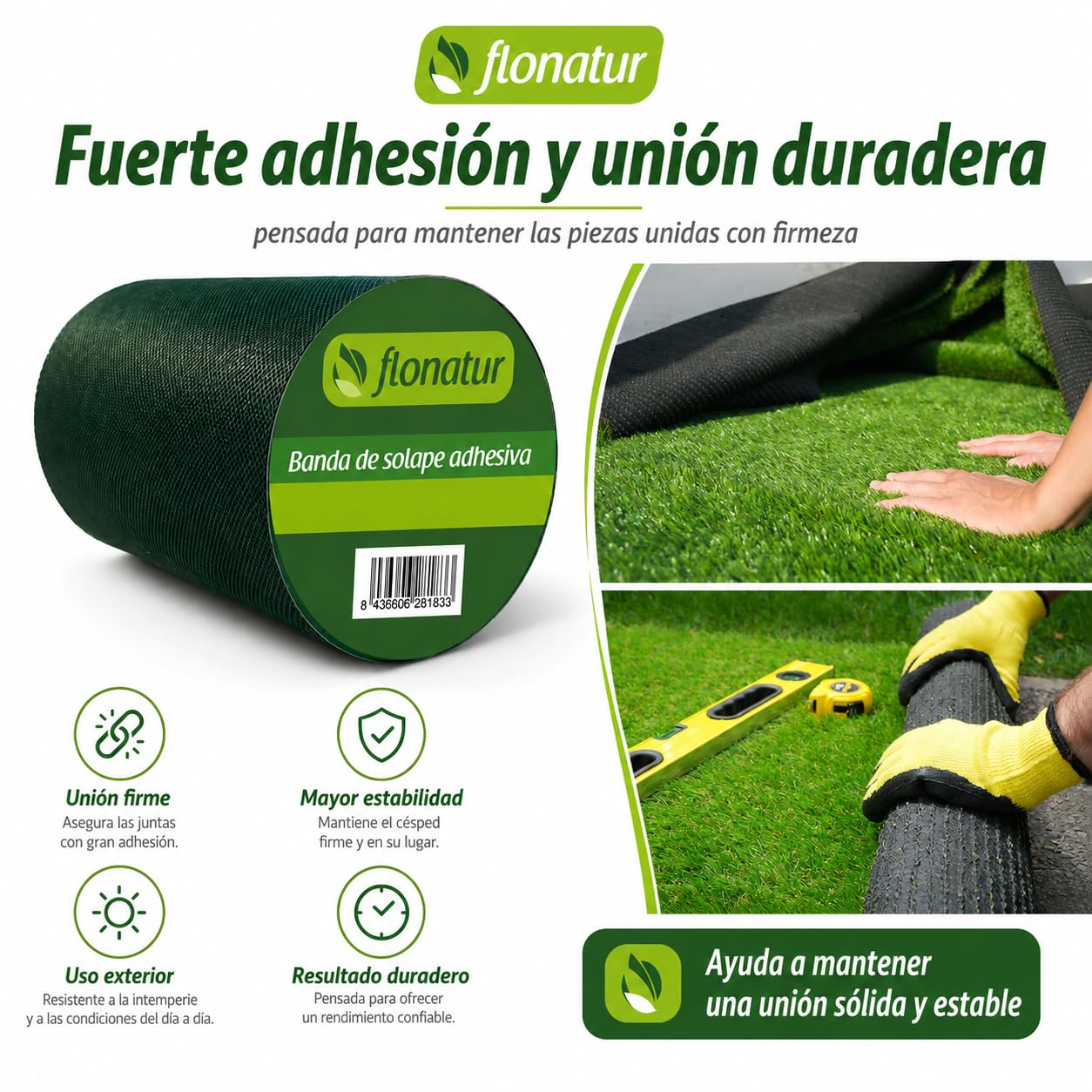Banda de Solape adhesiva para Césped Artificial - 10m x 15cm | Adhesivo Fuerte | Resistente a la Humedad, Duradero, Interior y Exterior, Unión para moquetas y alfombras