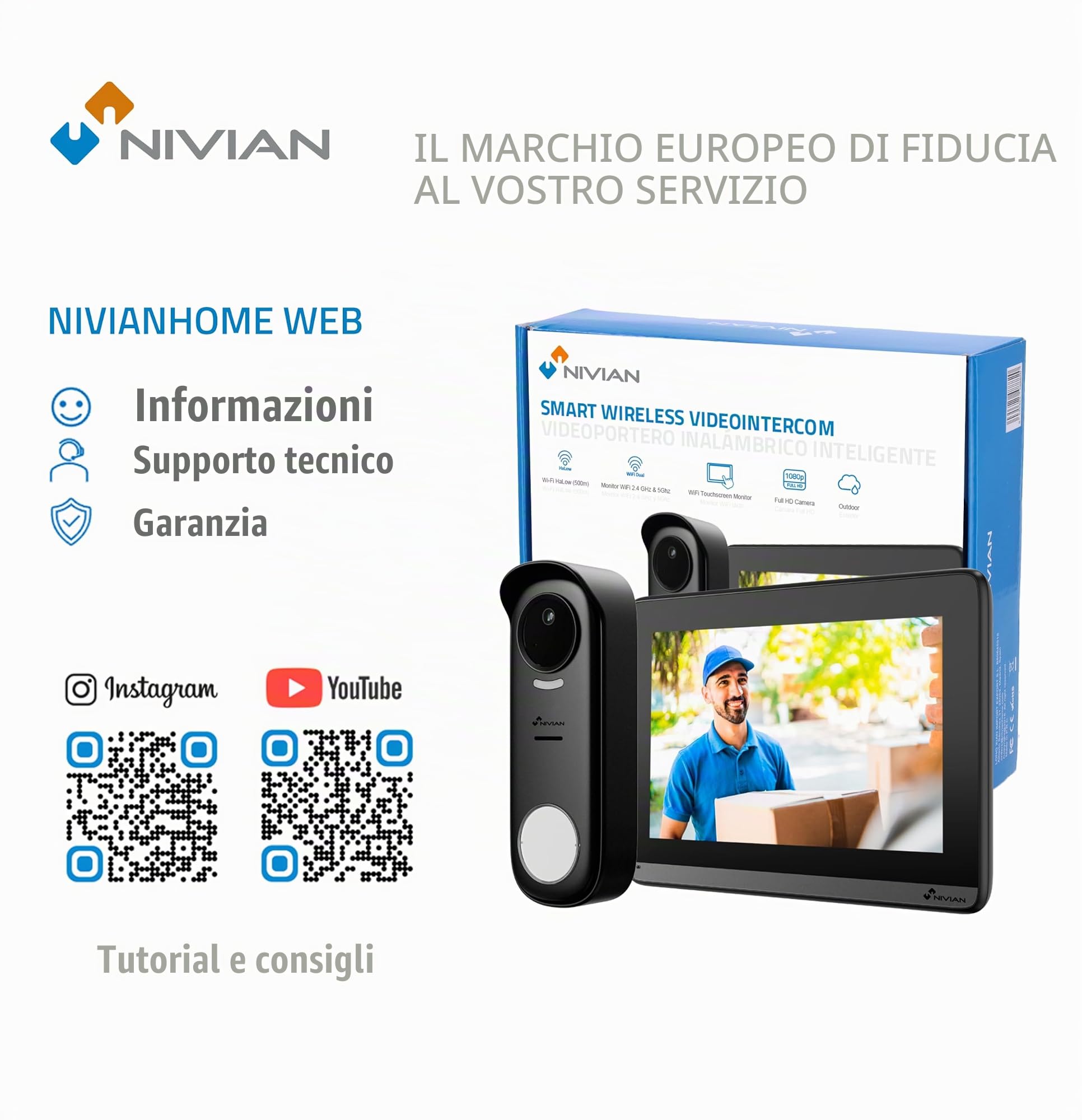 NIVIAN Videocitofono Intelligente Wireless WiFi, Monitor 7" Touch Full HD + App Tuya, Piastra esterna IP65 con Visione Notturna, Audio Bidirezionale, Apriporte Remoto, Smart Security