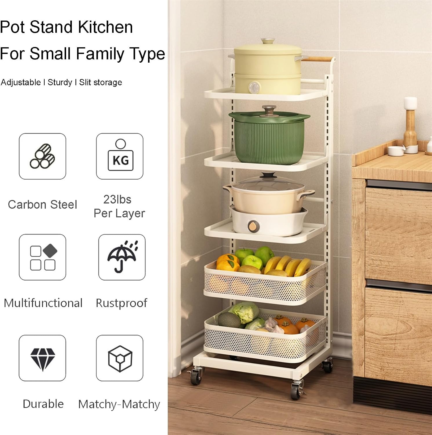 TemkIN 5-Tier Multifunctional Adjustable Pan & Pot Rack for Cabinet, Standing Pot Storage for Kitchen Organization & Storage, Pot Lid Organizer, White