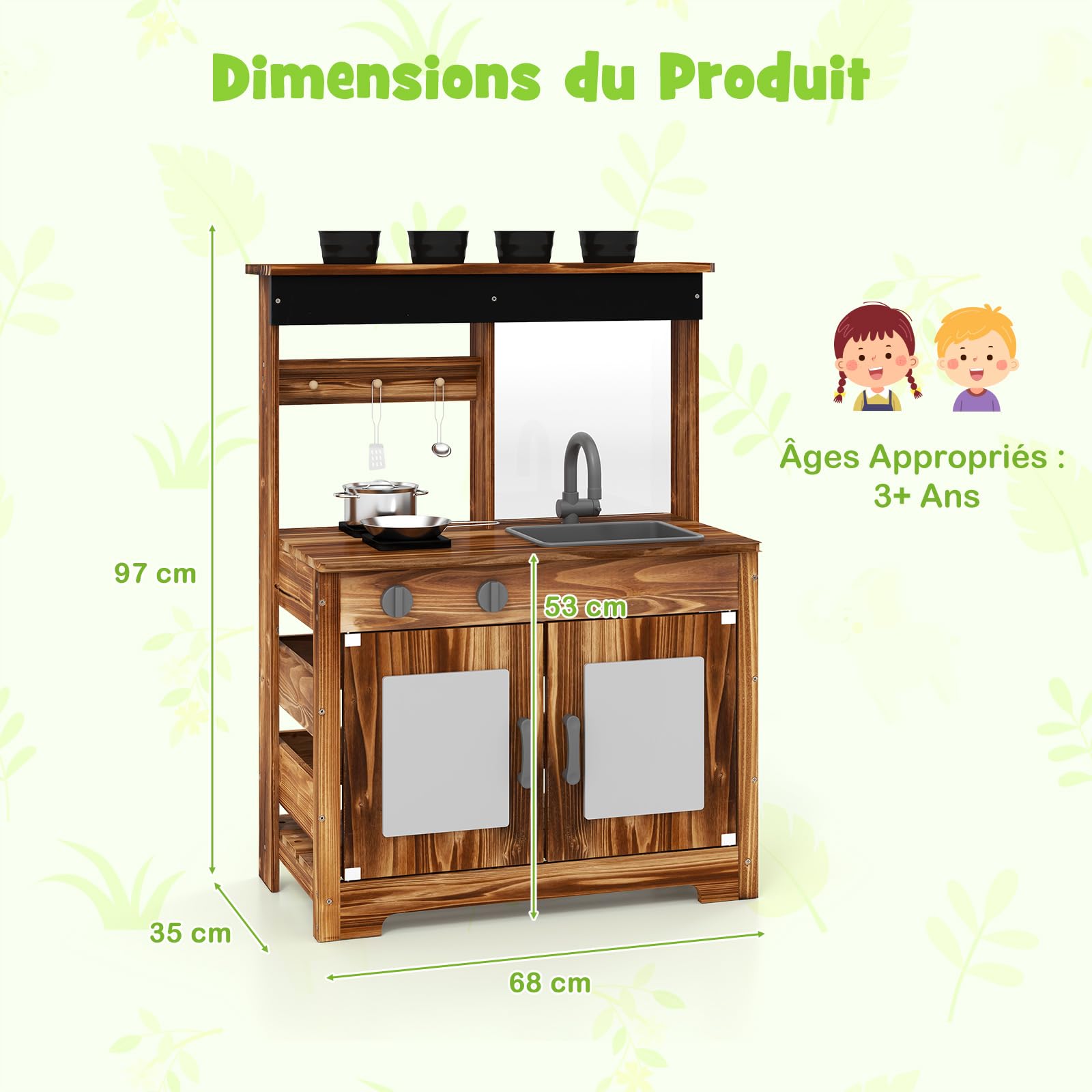 GOPLUS Cuisine Exterieur Enfant en Bois de Sapin, Jouet de Cuisine de Boue avec Tableau Noir, Panneau Acrylique, 4 Pots de Plantation, Robinet, Évier Amovible, pour 3+ Ans