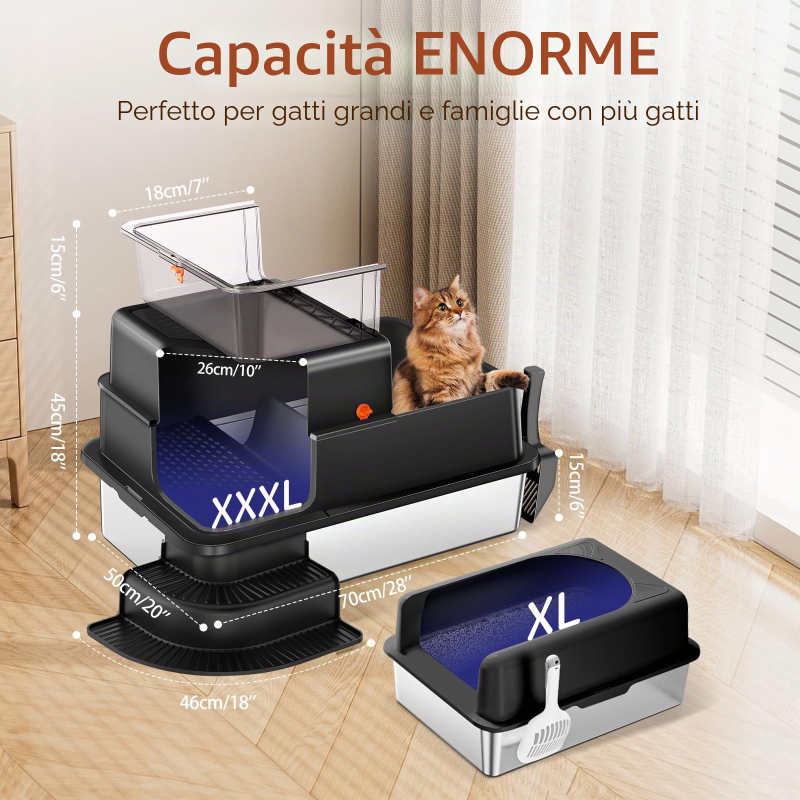 Lettiera per gatti in acciaio inox, con parete laterale alta, in metallo, con marcia filtrata, gradino, pala, non adesiva, inodore, facile da pulire (nero)